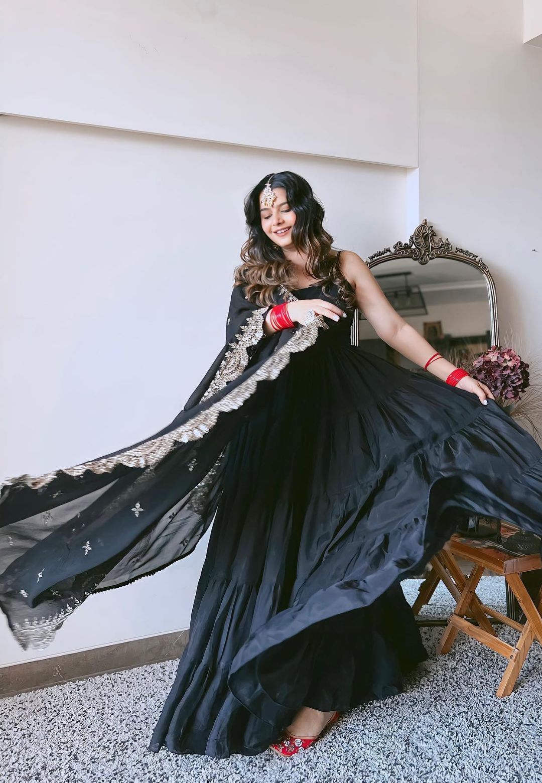 BLACK SILK TIERED ANARKALI SET