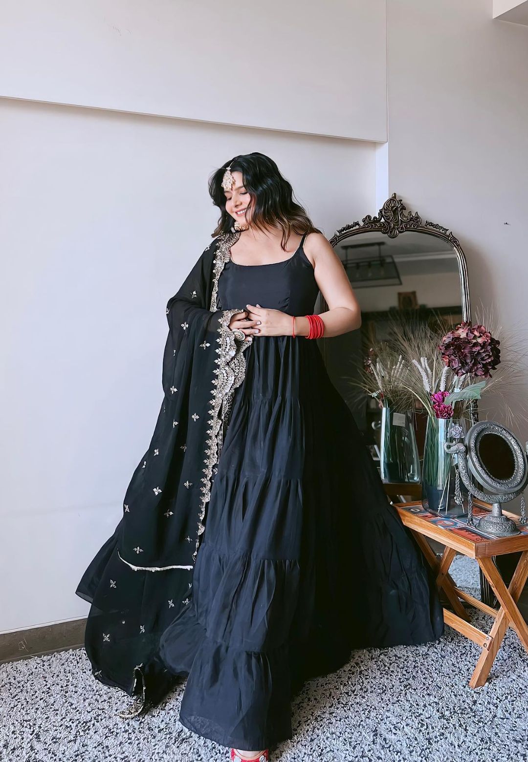BLACK SILK TIERED ANARKALI SET
