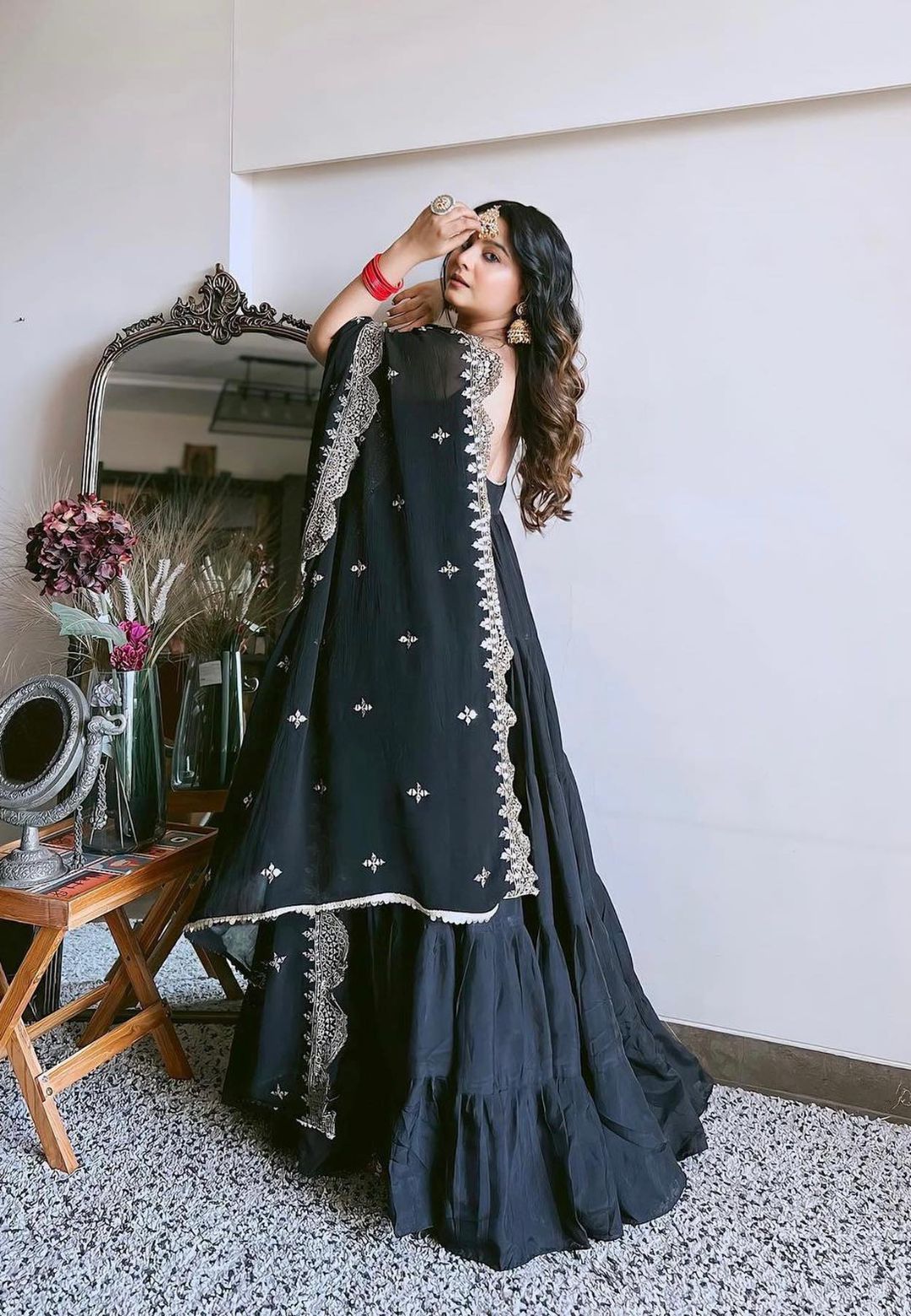 BLACK SILK TIERED ANARKALI SET