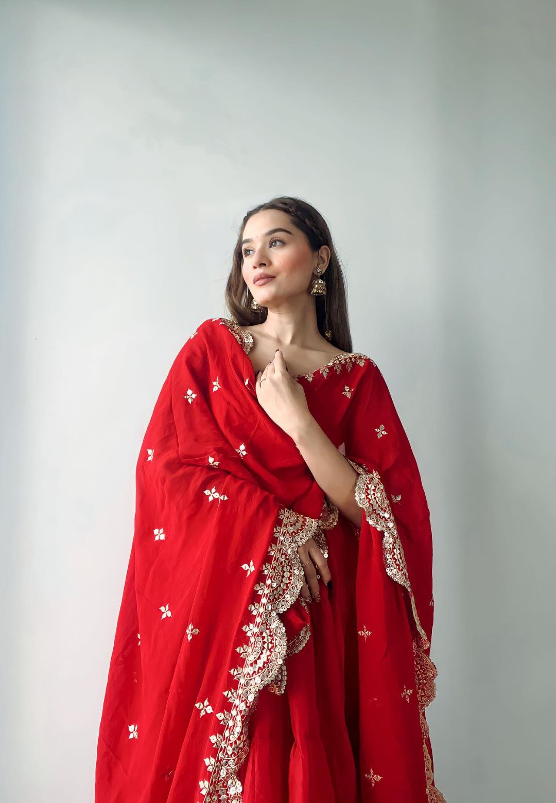 RED SILK TIERED ANARKALI SET