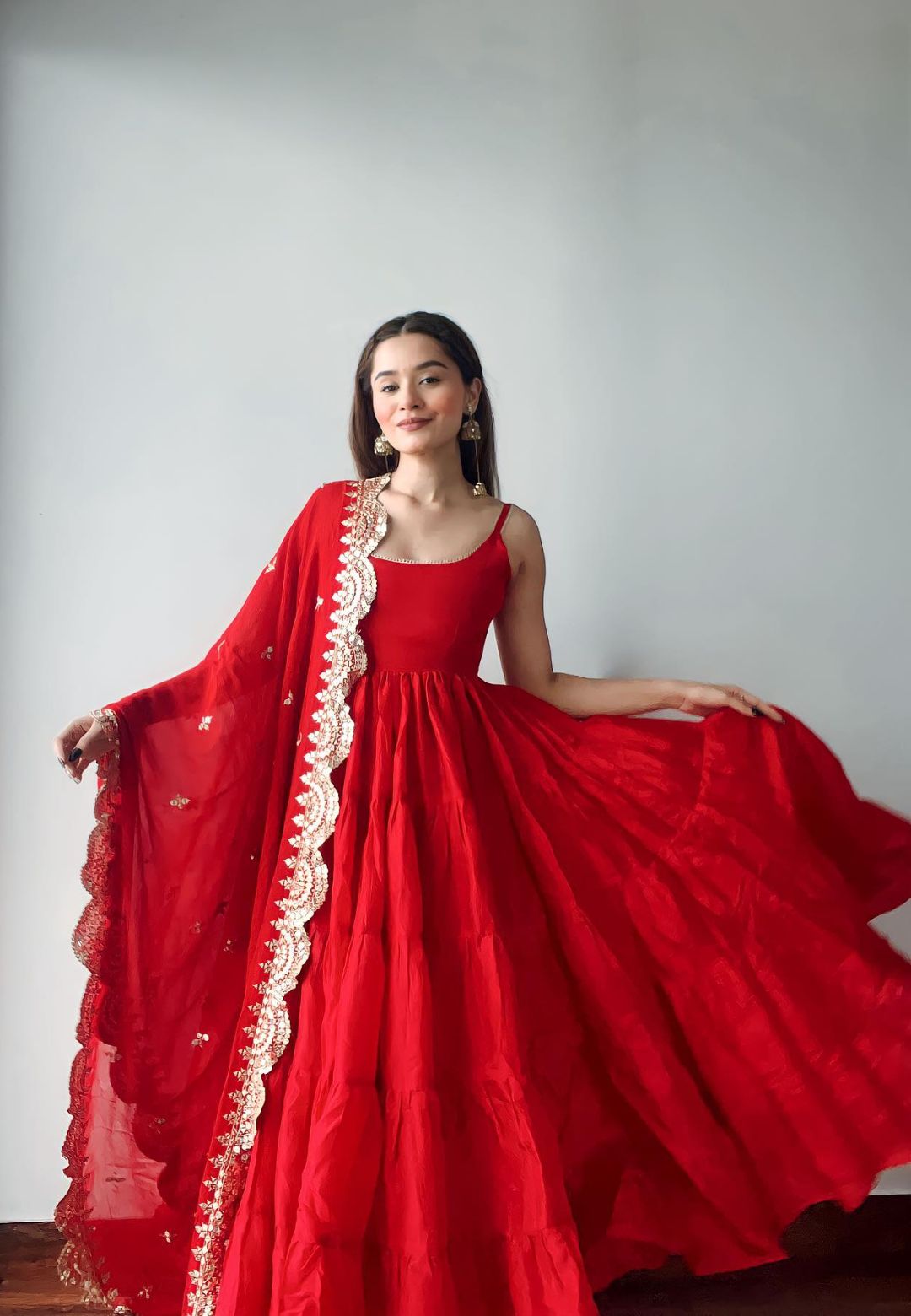RED SILK TIERED ANARKALI SET