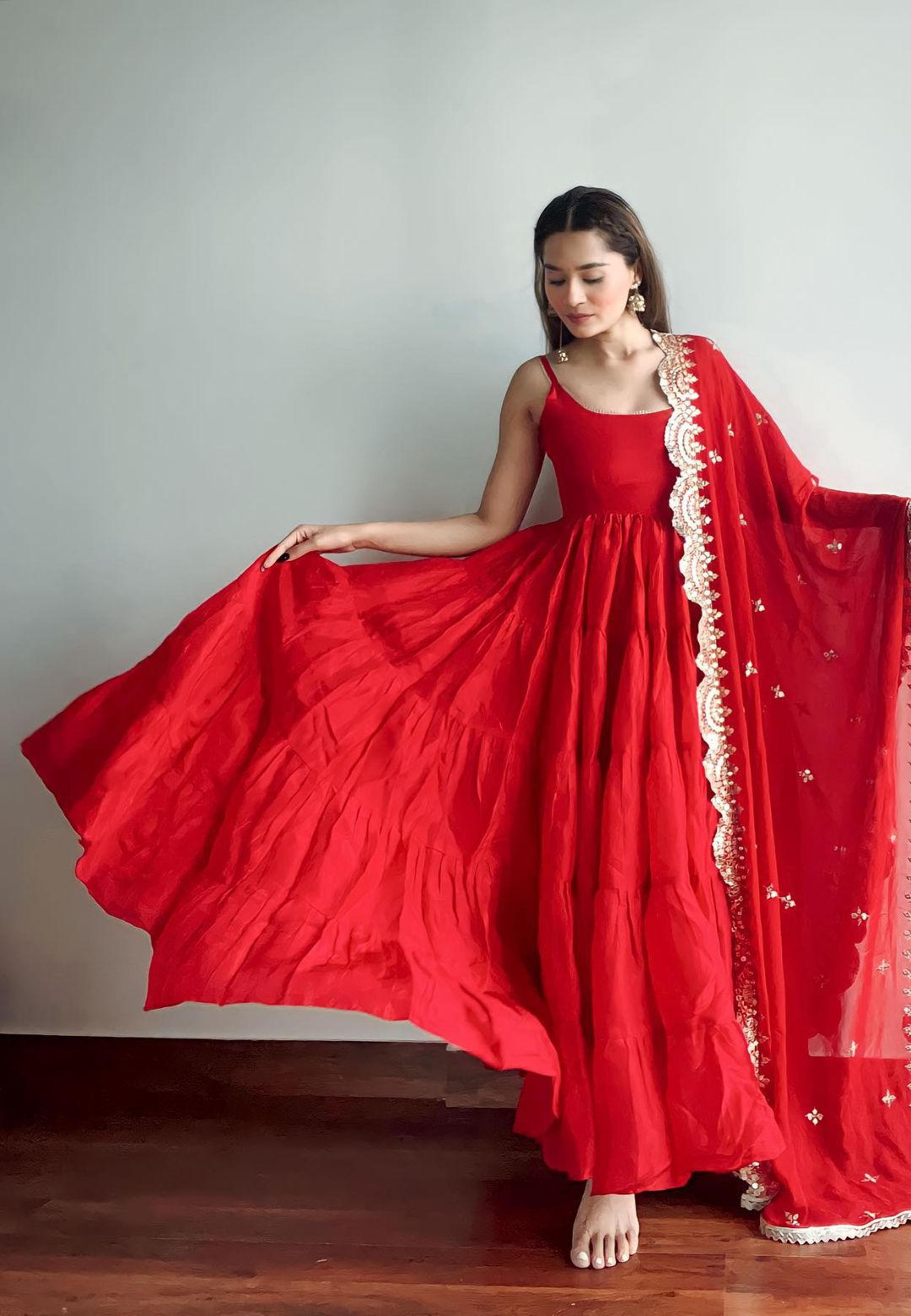 RED SILK TIERED ANARKALI SET