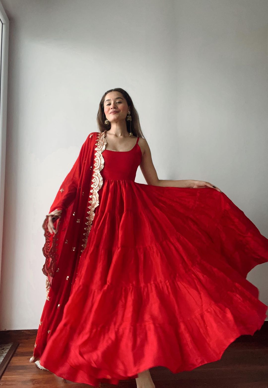 RED SILK TIERED ANARKALI SET