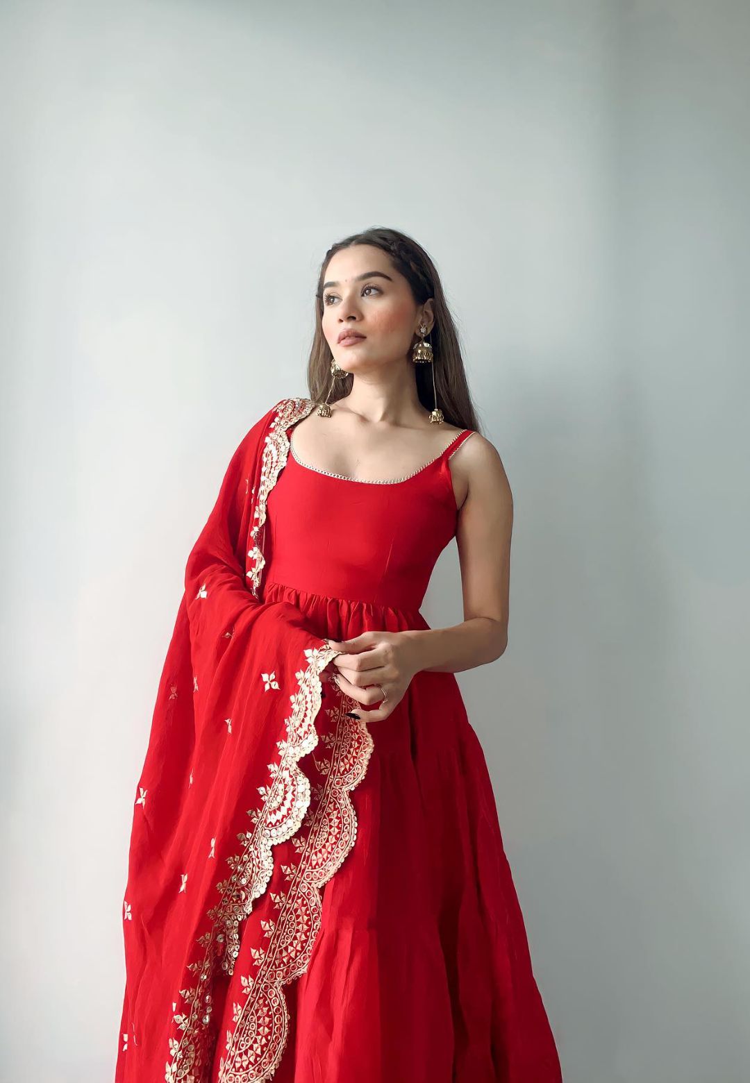 RED SILK TIERED ANARKALI SET