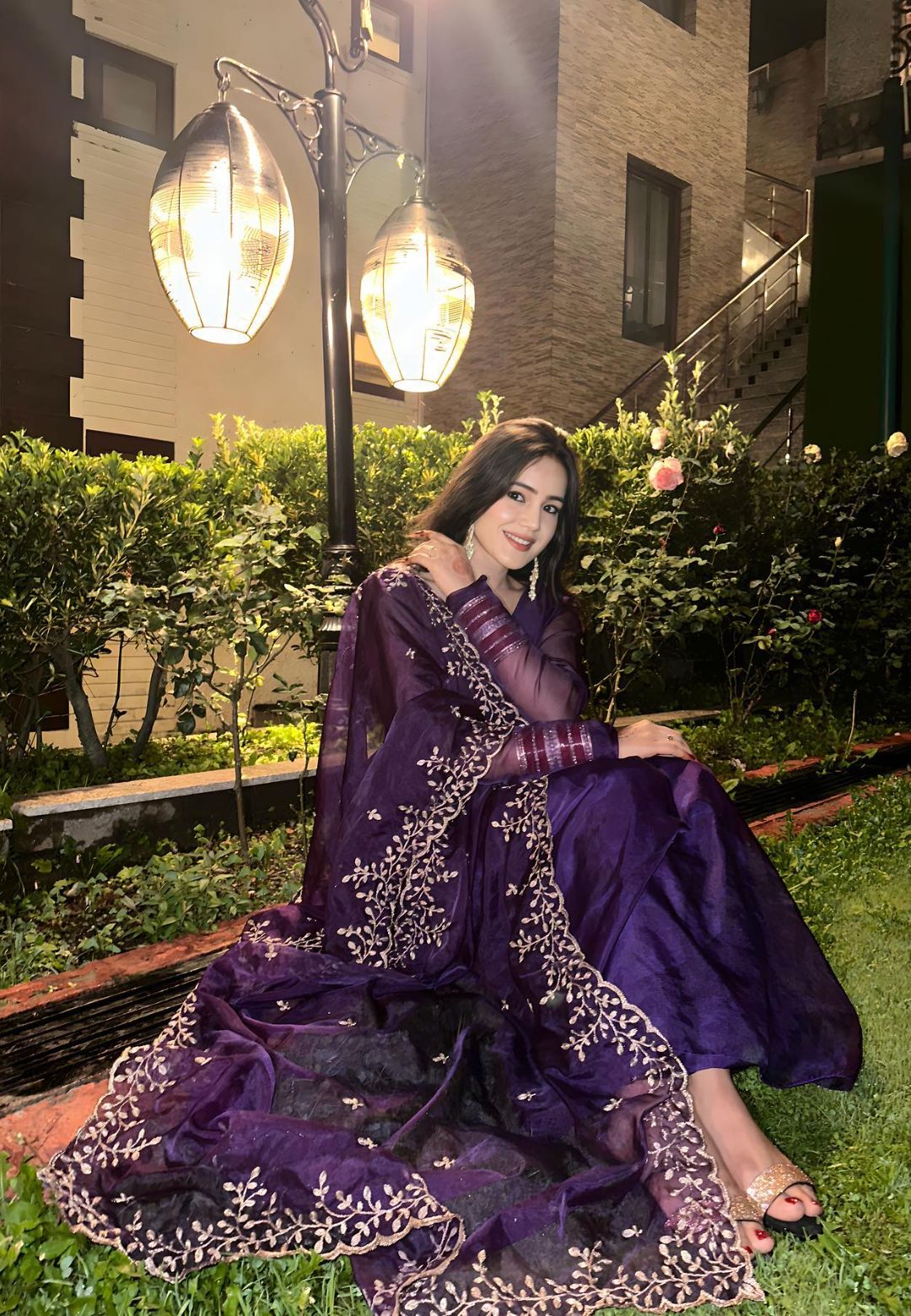 PURPLE ORGANZA SILK ANARKALI SUIT SET