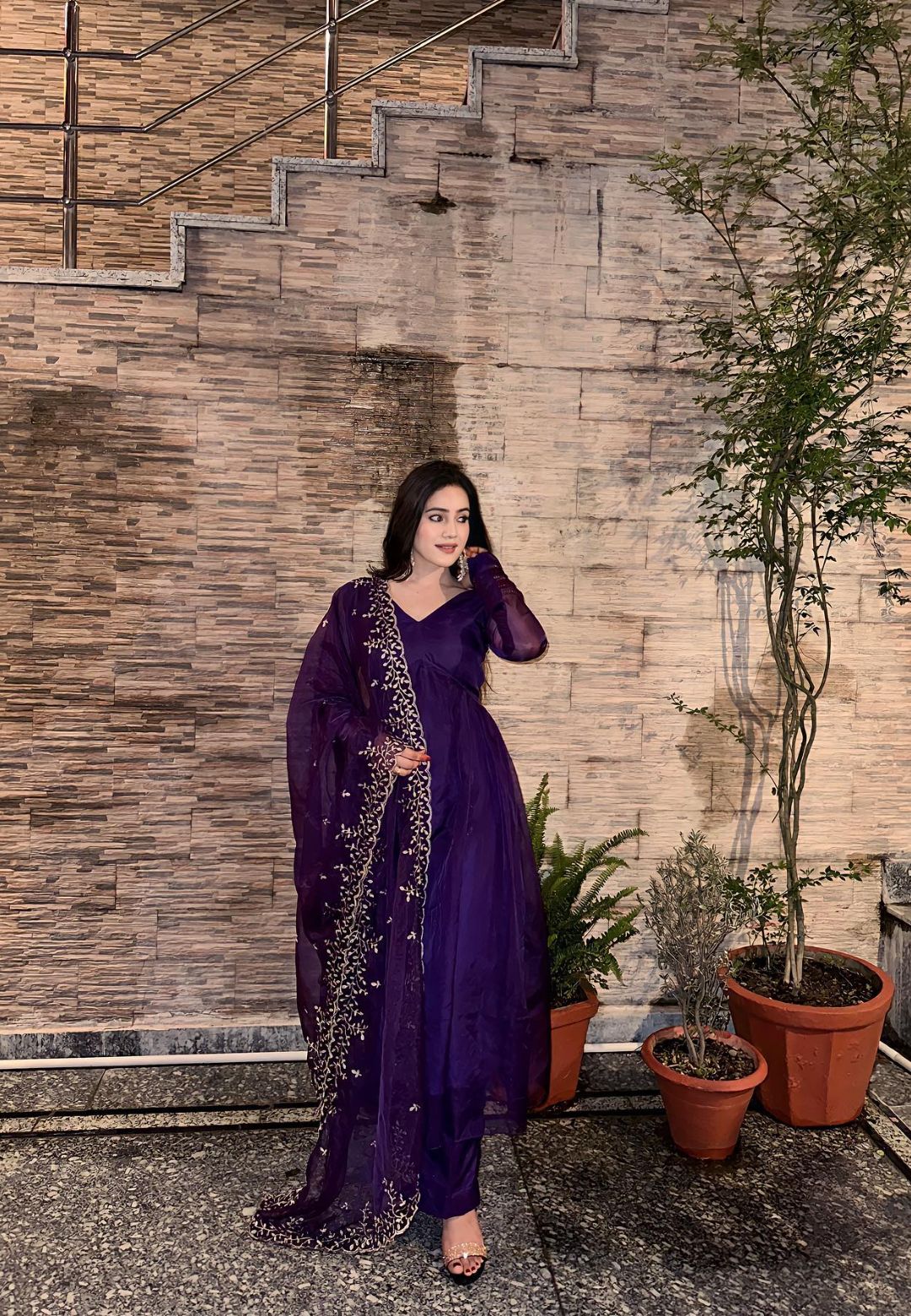 PURPLE ORGANZA SILK ANARKALI SUIT SET