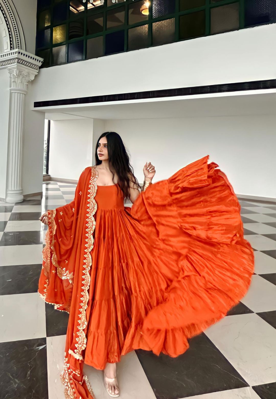RUST ORANGE SILK TIERED ANARKALI SET