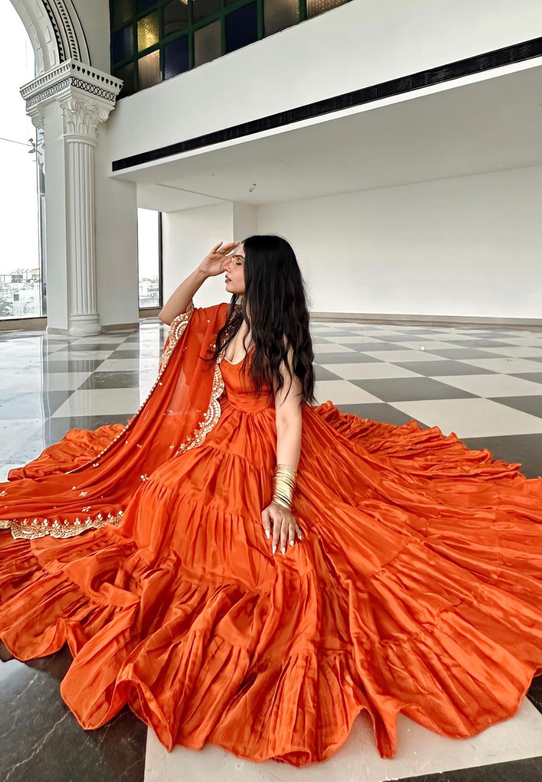 RUST ORANGE SILK TIERED ANARKALI SET