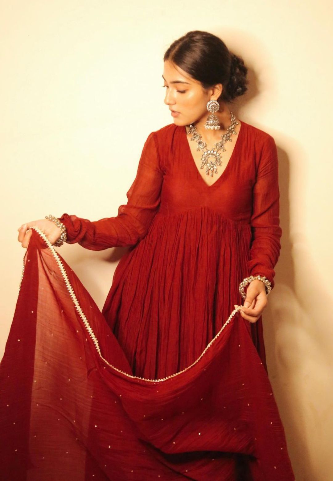 SOFT RED CHANDERI ANARKALI SUIT SET