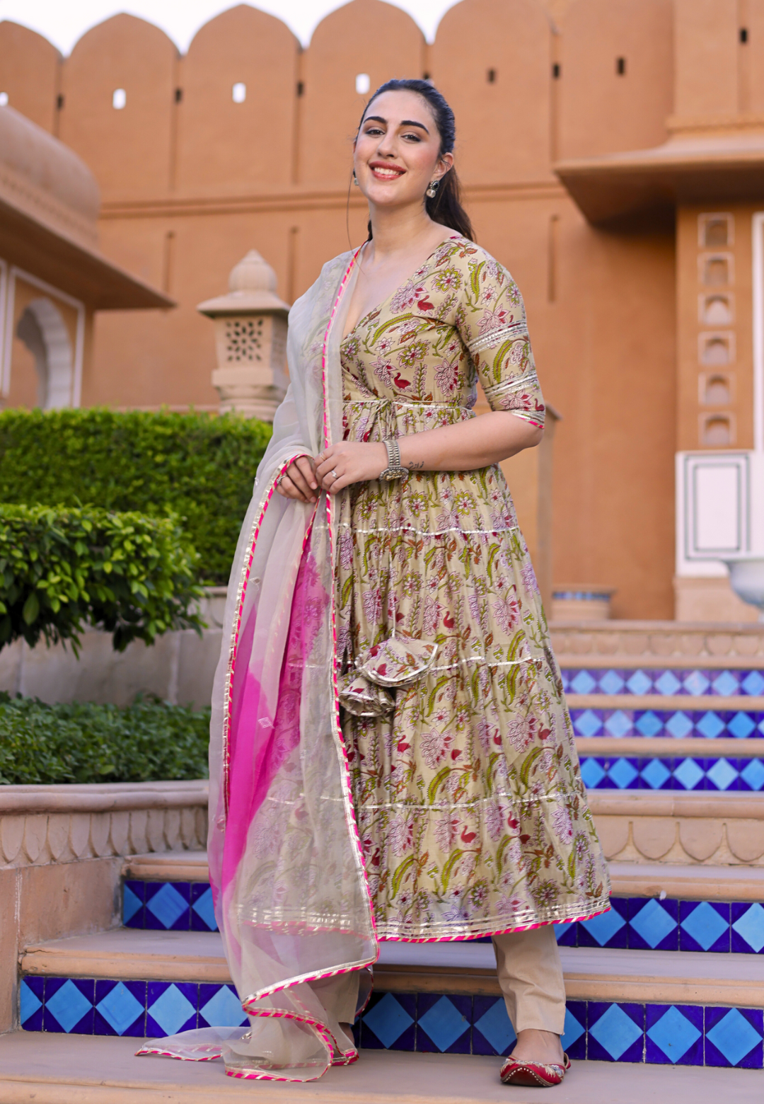 BEIGE FLORAL TANIMA CHANDERI SUIT SET