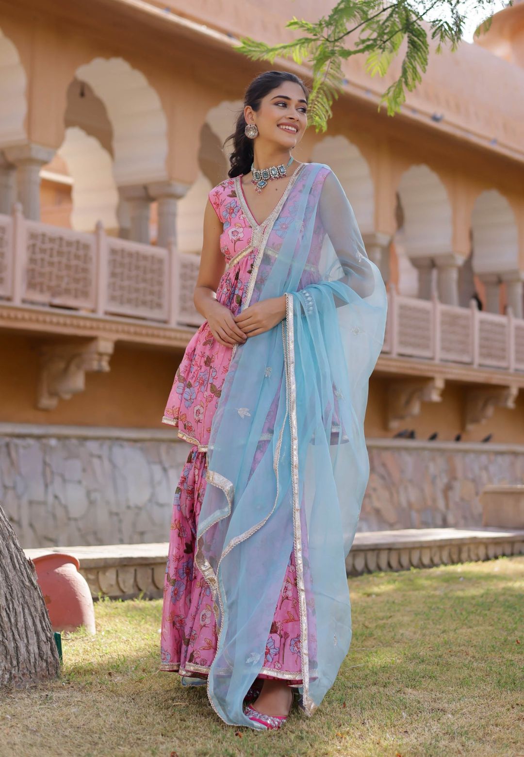 PINK BLUE IDAYA CHANDERI SHARARA SET