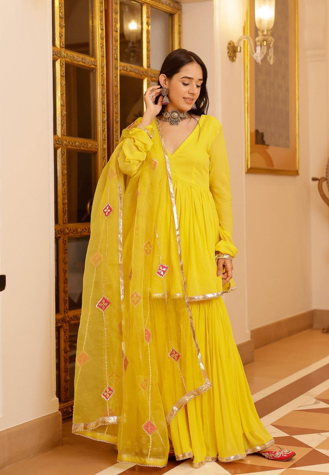 YELLOW FALAK GOTAPATTI GEORGETTE SUIT SET