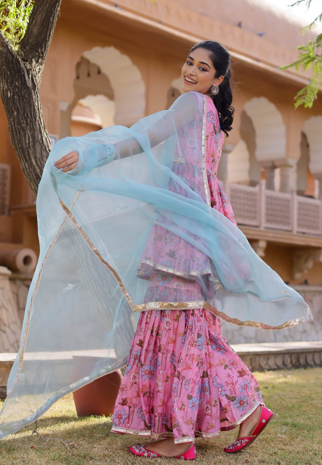 PINK BLUE IDAYA CHANDERI SHARARA SET