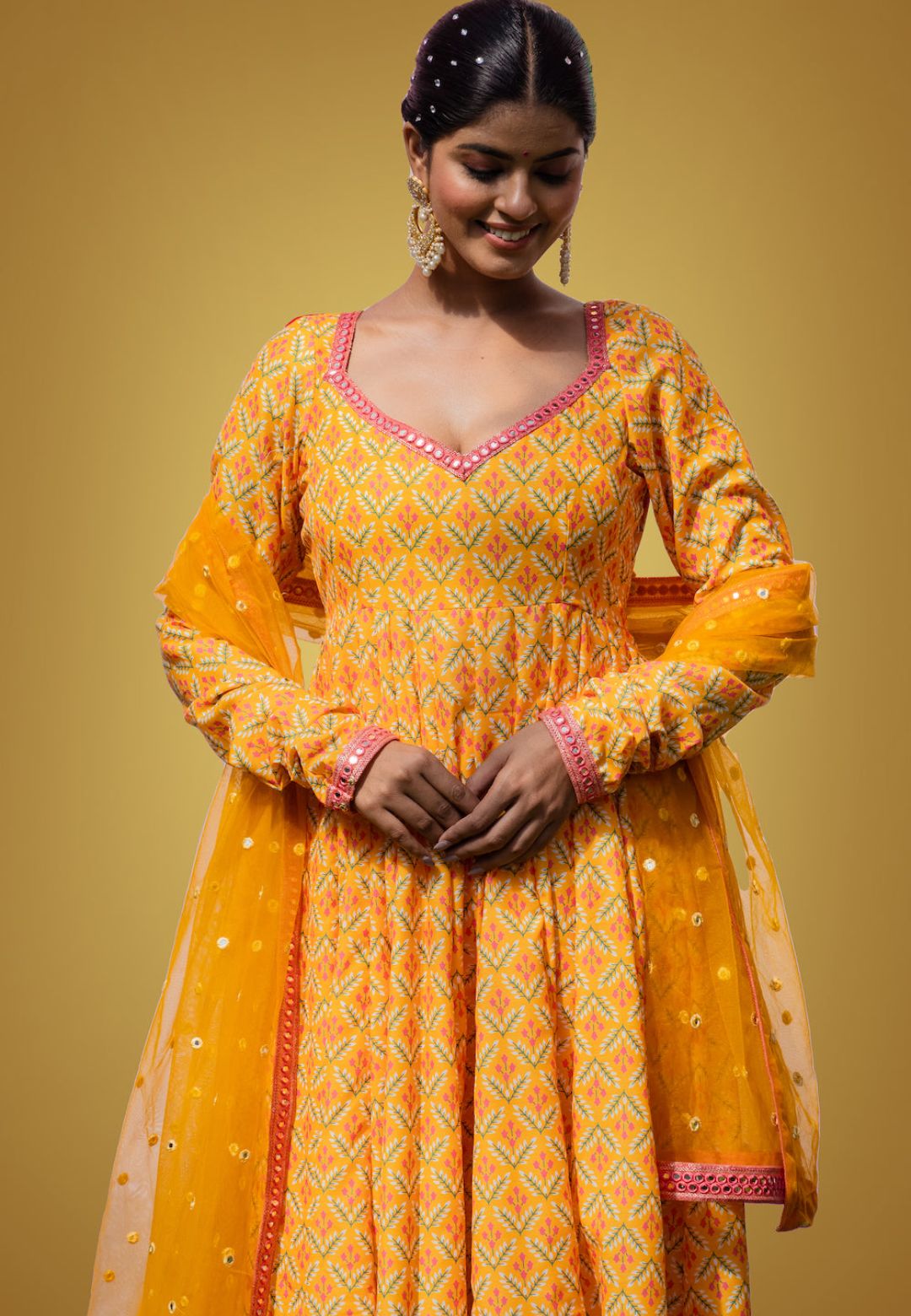 YELLOW MEFIL ANARKALI COTTON SILKSUIT SET