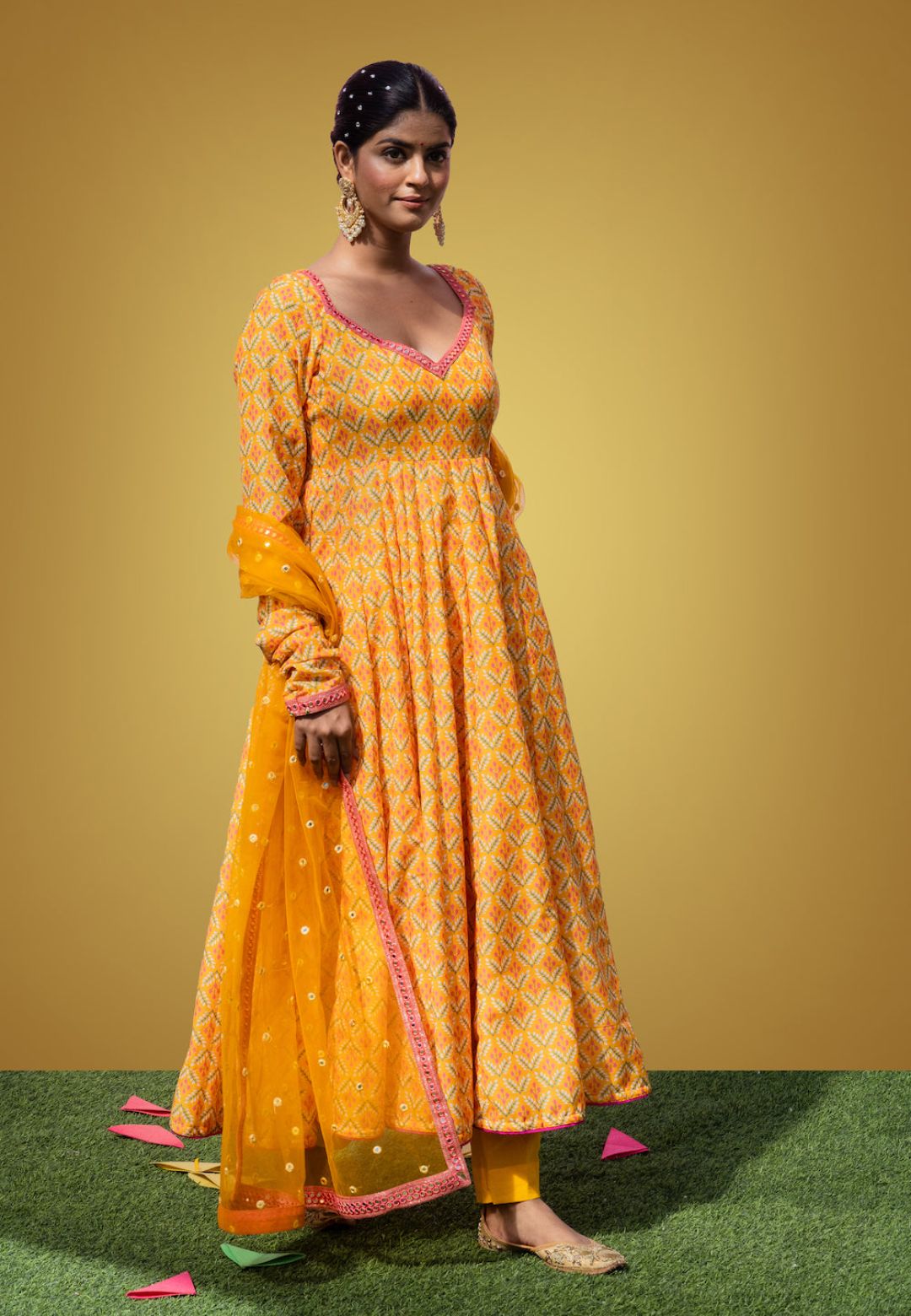 YELLOW MEFIL ANARKALI COTTON SILKSUIT SET