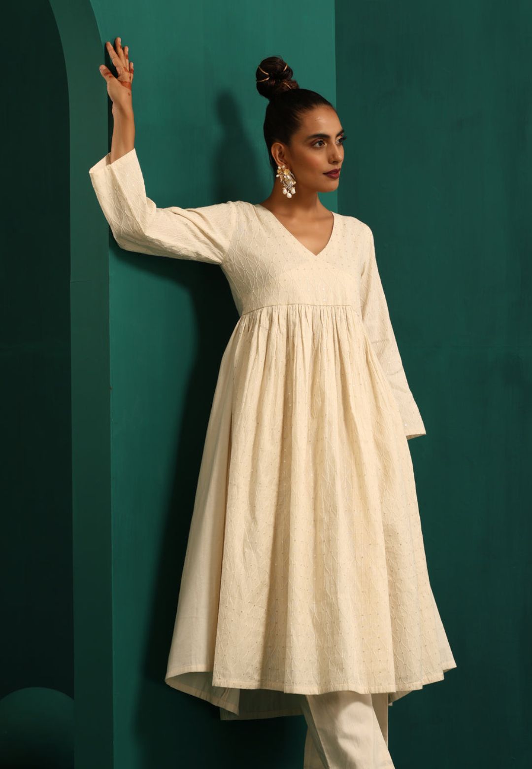 IVORY COTTON FLARED ANARKALI KURTA SET