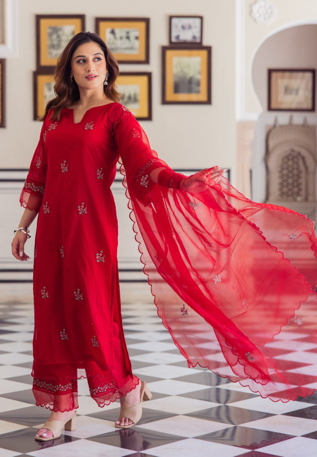 RADHIKA RED EMBROIDERED CHANDERI SUIT SET