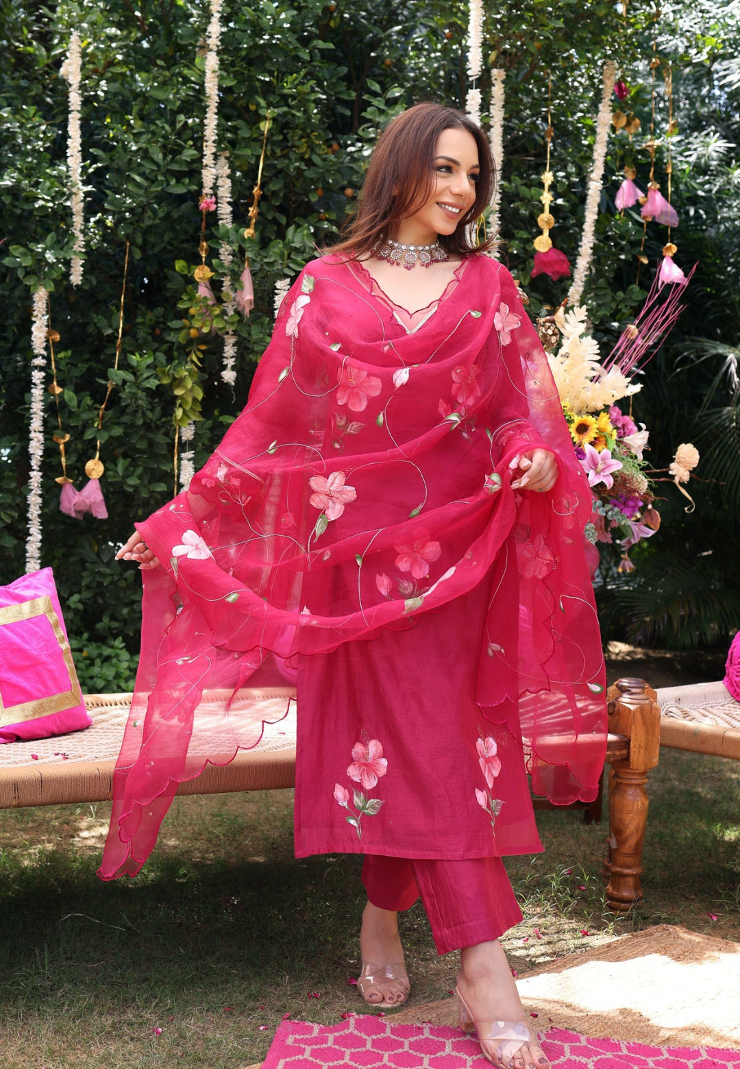 BERRY BLISS MAGENTA HANDPAINTED CHANDERI SUIT SET