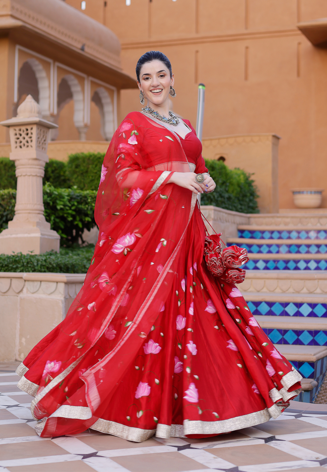 RED MAALINI HANDPAINTED CHANDERI LEHENGA SET