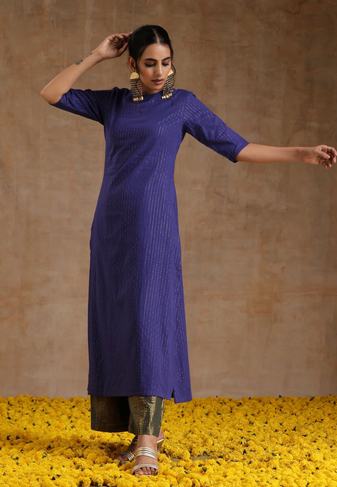 BLUE GOLD COTTON HIGH SLIT KURTA SET