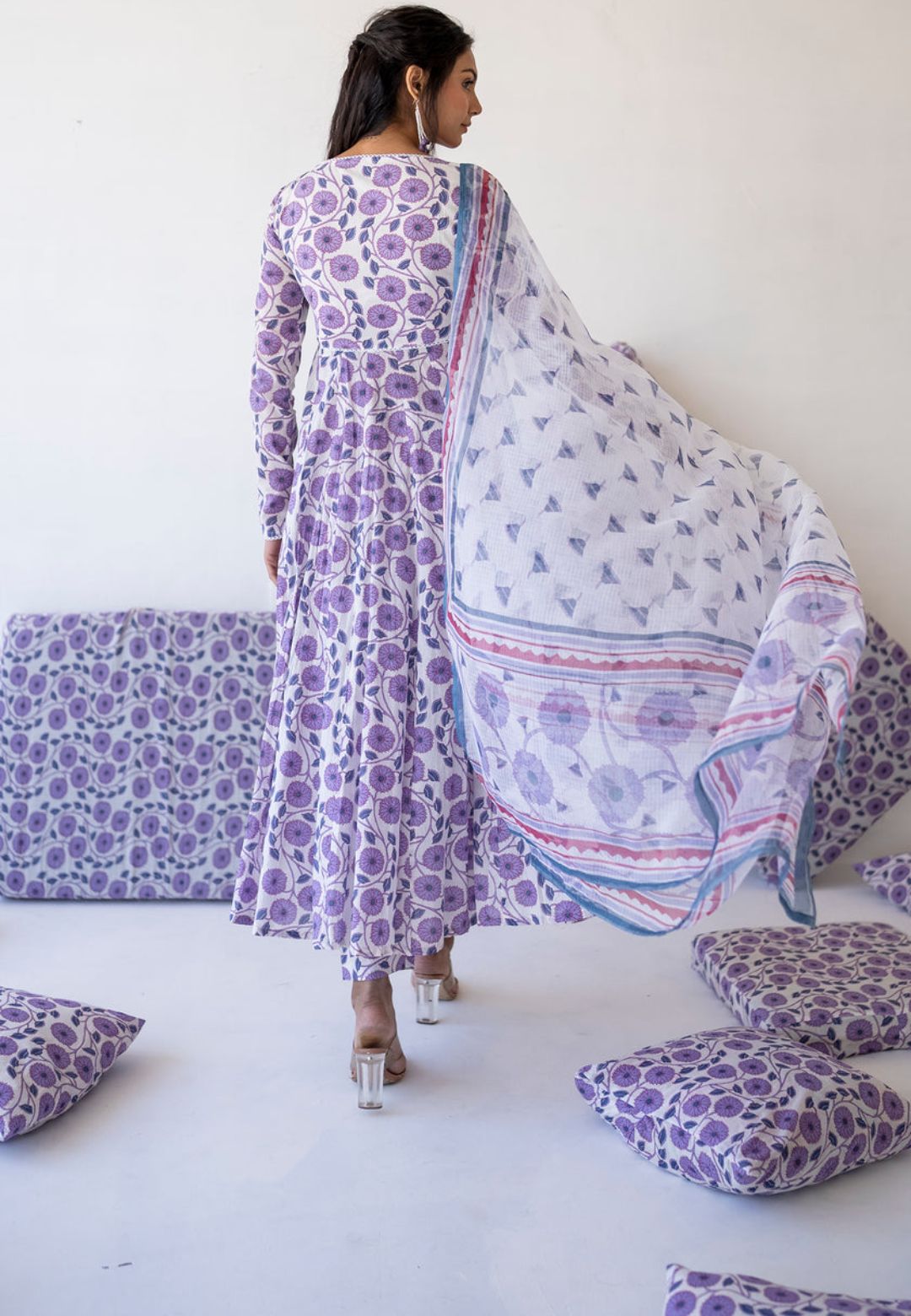 PURPLE WHITE COTTON ANARKALI SUIT SET