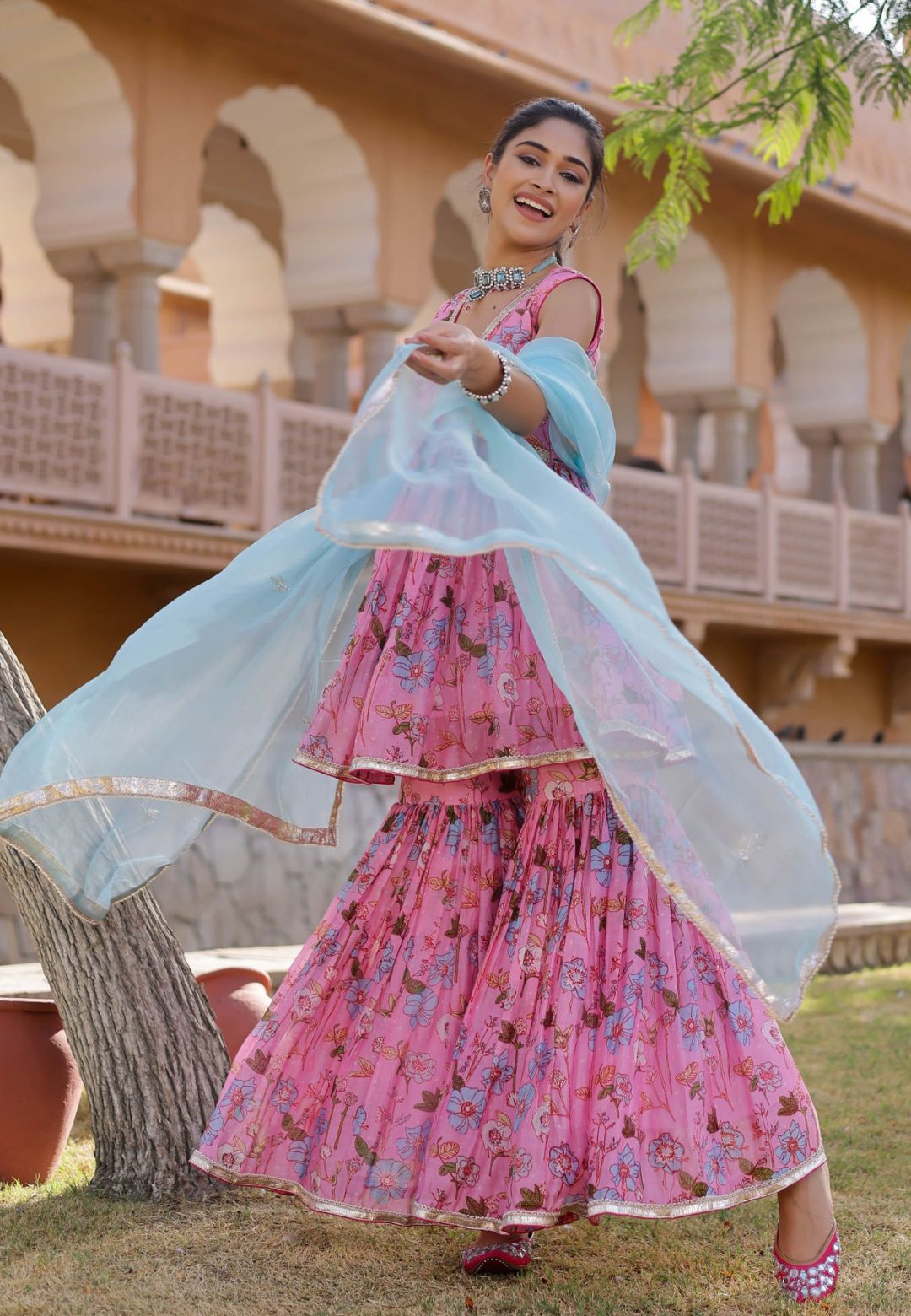 PINK BLUE IDAYA CHANDERI SHARARA SET