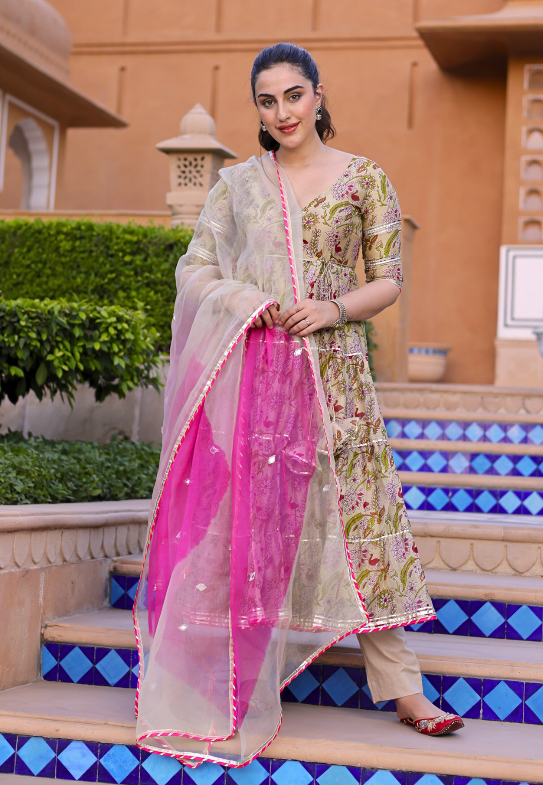 BEIGE FLORAL TANIMA CHANDERI SUIT SET