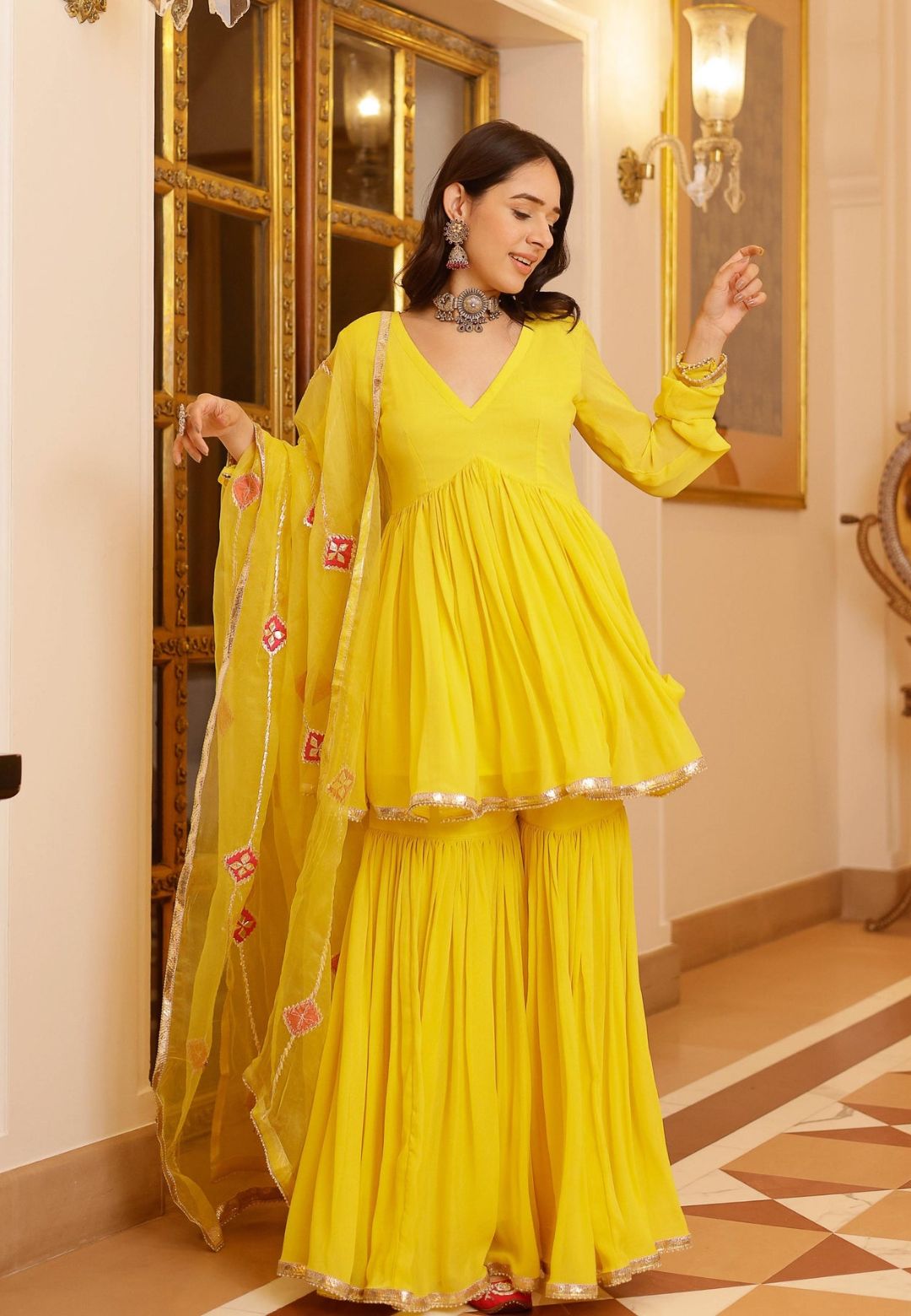 YELLOW FALAK GOTAPATTI GEORGETTE SUIT SET