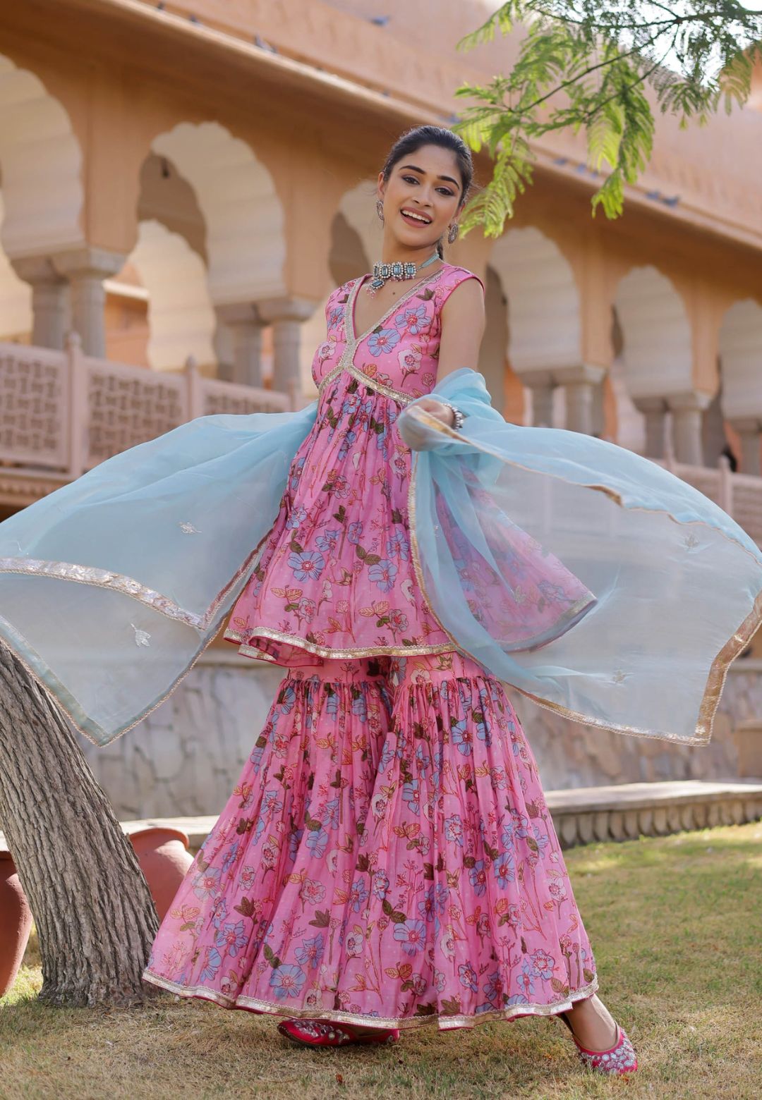 PINK BLUE IDAYA CHANDERI SHARARA SET