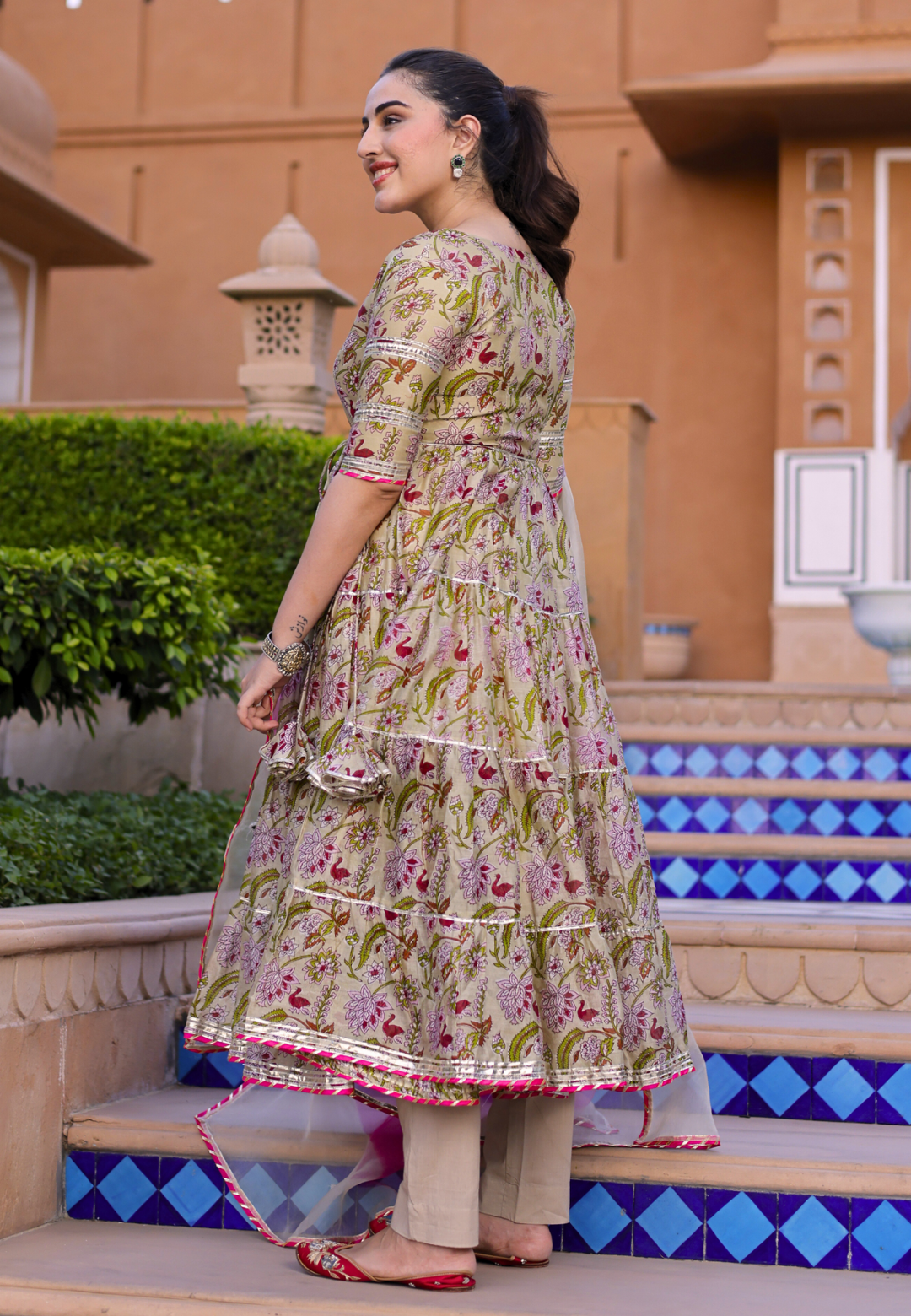 BEIGE FLORAL TANIMA CHANDERI SUIT SET