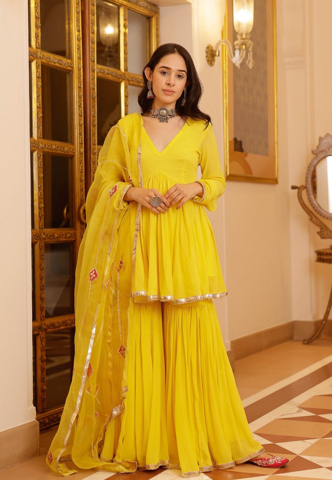 YELLOW FALAK GOTAPATTI GEORGETTE SUIT SET