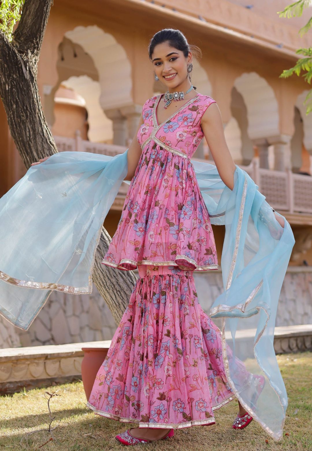 PINK BLUE IDAYA CHANDERI SHARARA SET