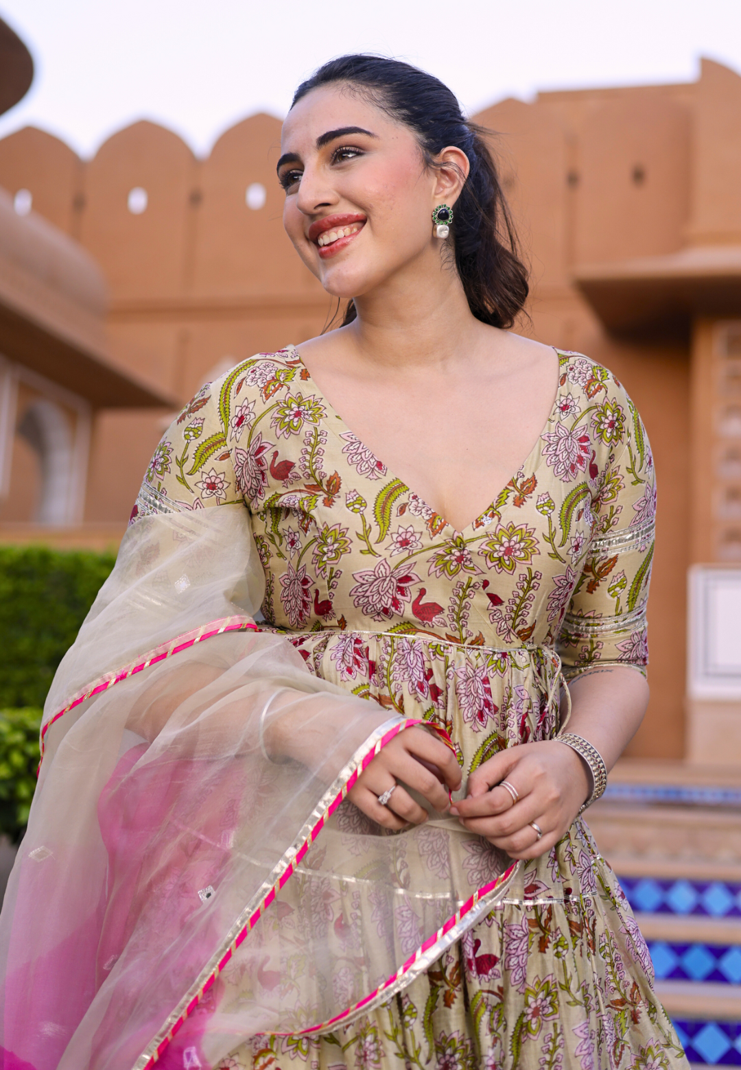 BEIGE FLORAL TANIMA CHANDERI SUIT SET