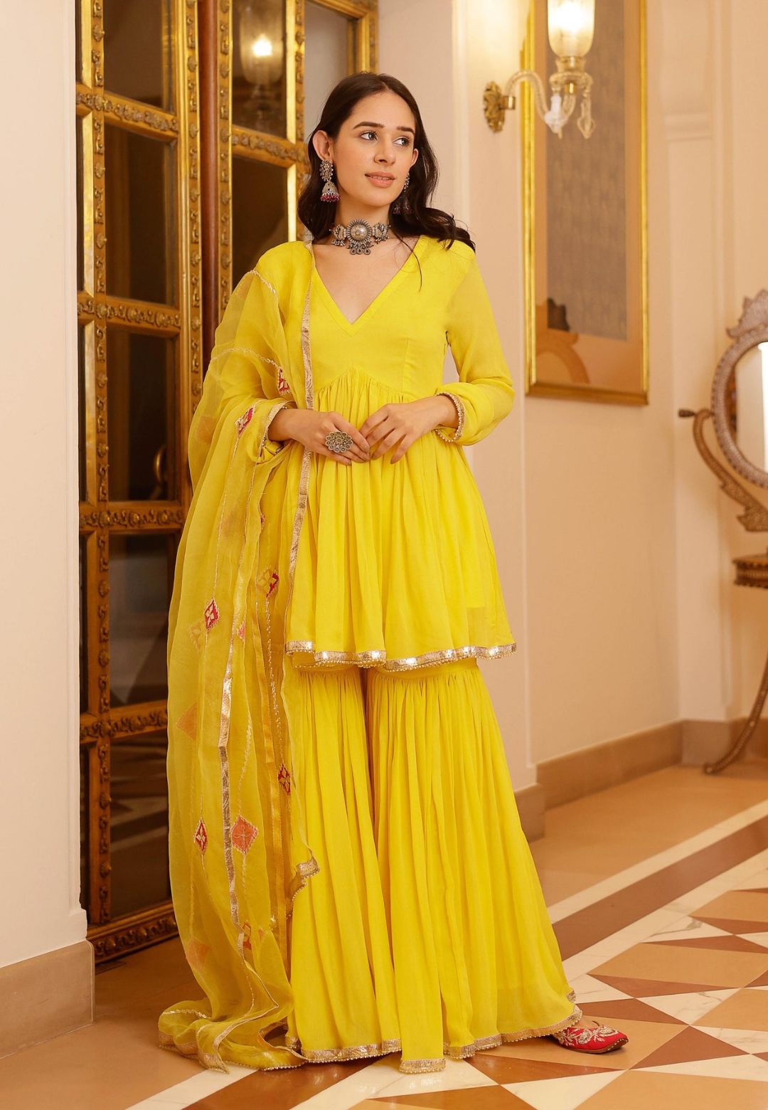 YELLOW FALAK GOTAPATTI GEORGETTE SUIT SET