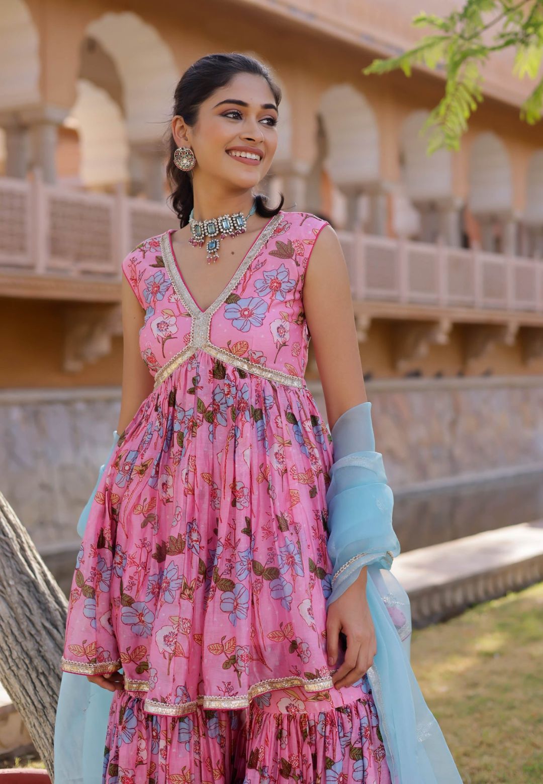 PINK BLUE IDAYA CHANDERI SHARARA SET