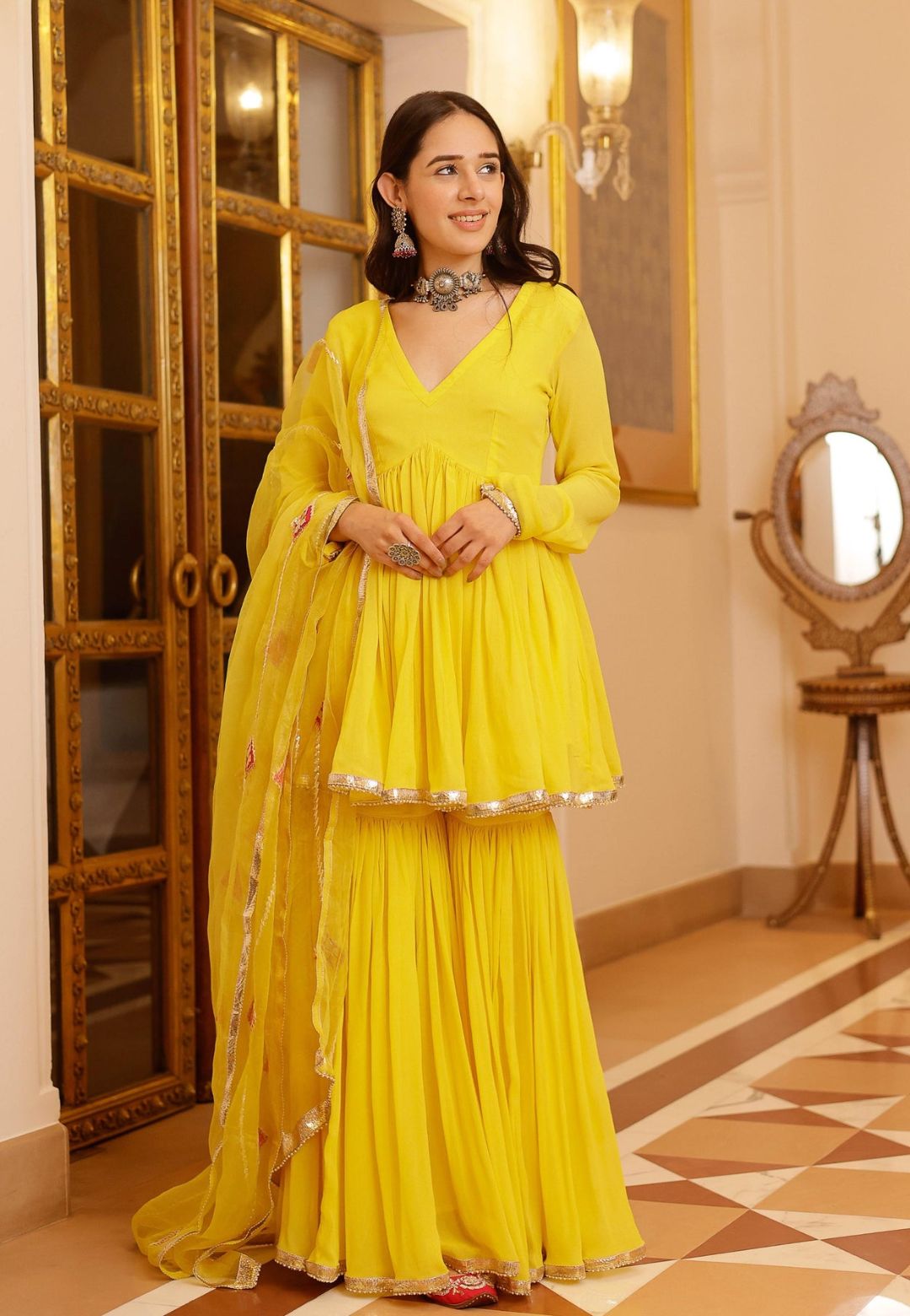 YELLOW FALAK GOTAPATTI GEORGETTE SUIT SET