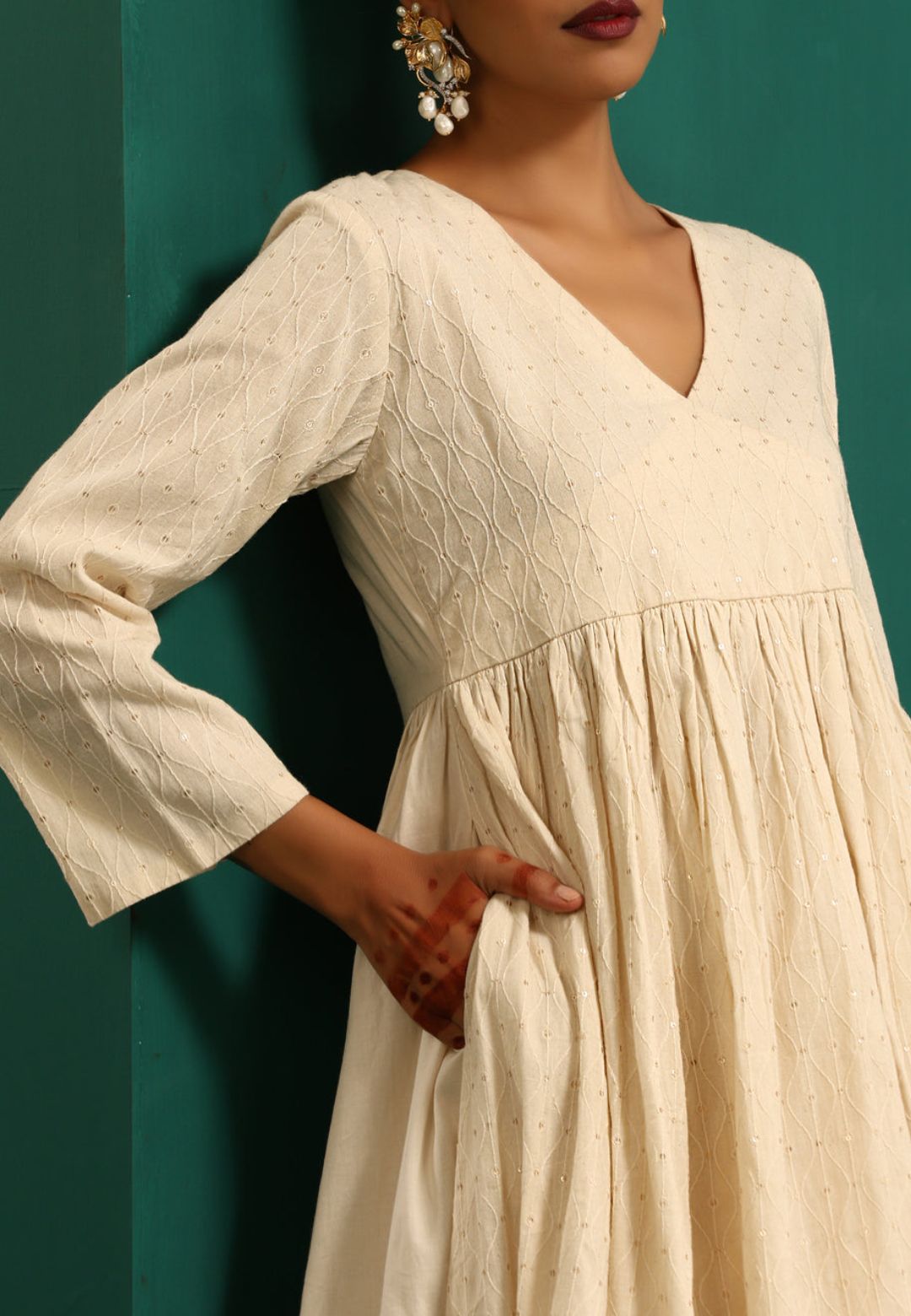 IVORY COTTON FLARED ANARKALI KURTA SET