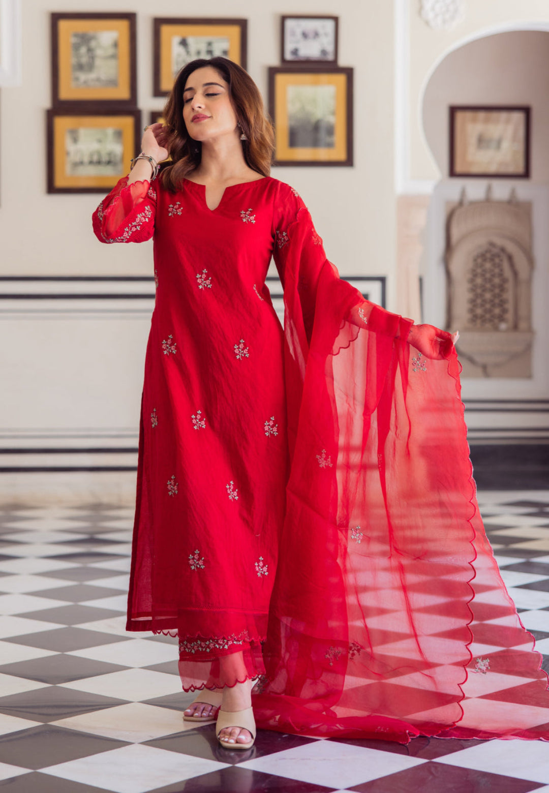 RADHIKA RED EMBROIDERED CHANDERI SUIT SET