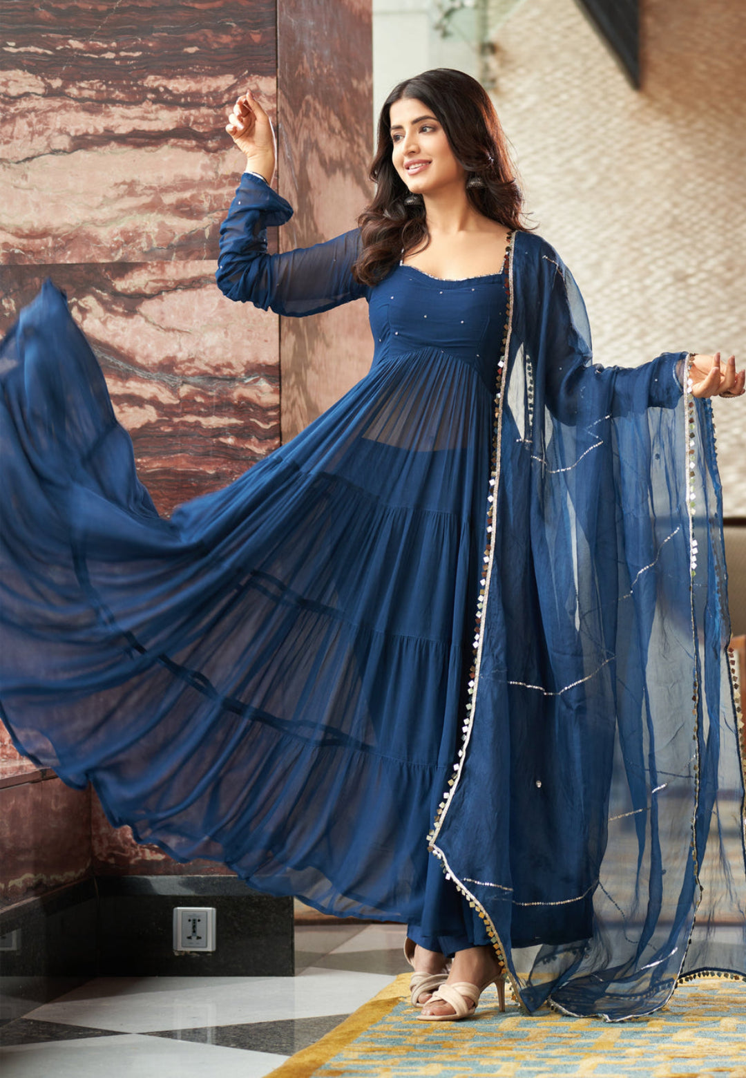 BLUE ARADHNA EMBROIDERED GEORGETTE SUIT SET