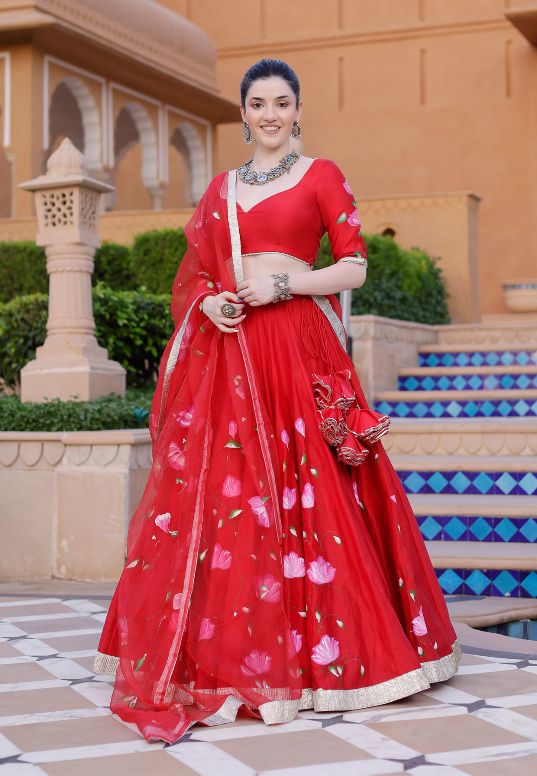 RED MAALINI HANDPAINTED CHANDERI LEHENGA SET