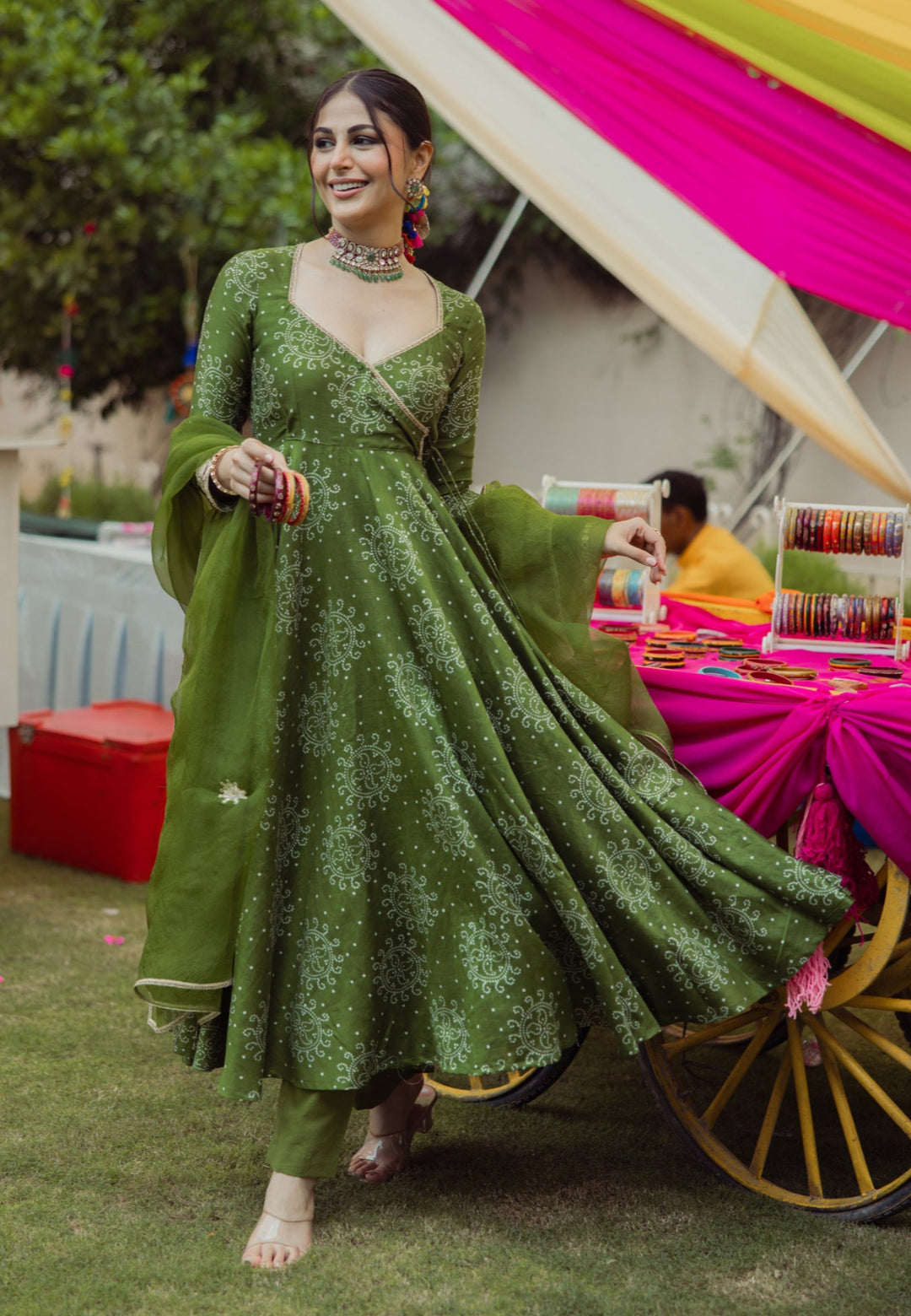 GREEN KATHA BANDHANI CHANDERI SUIT SET