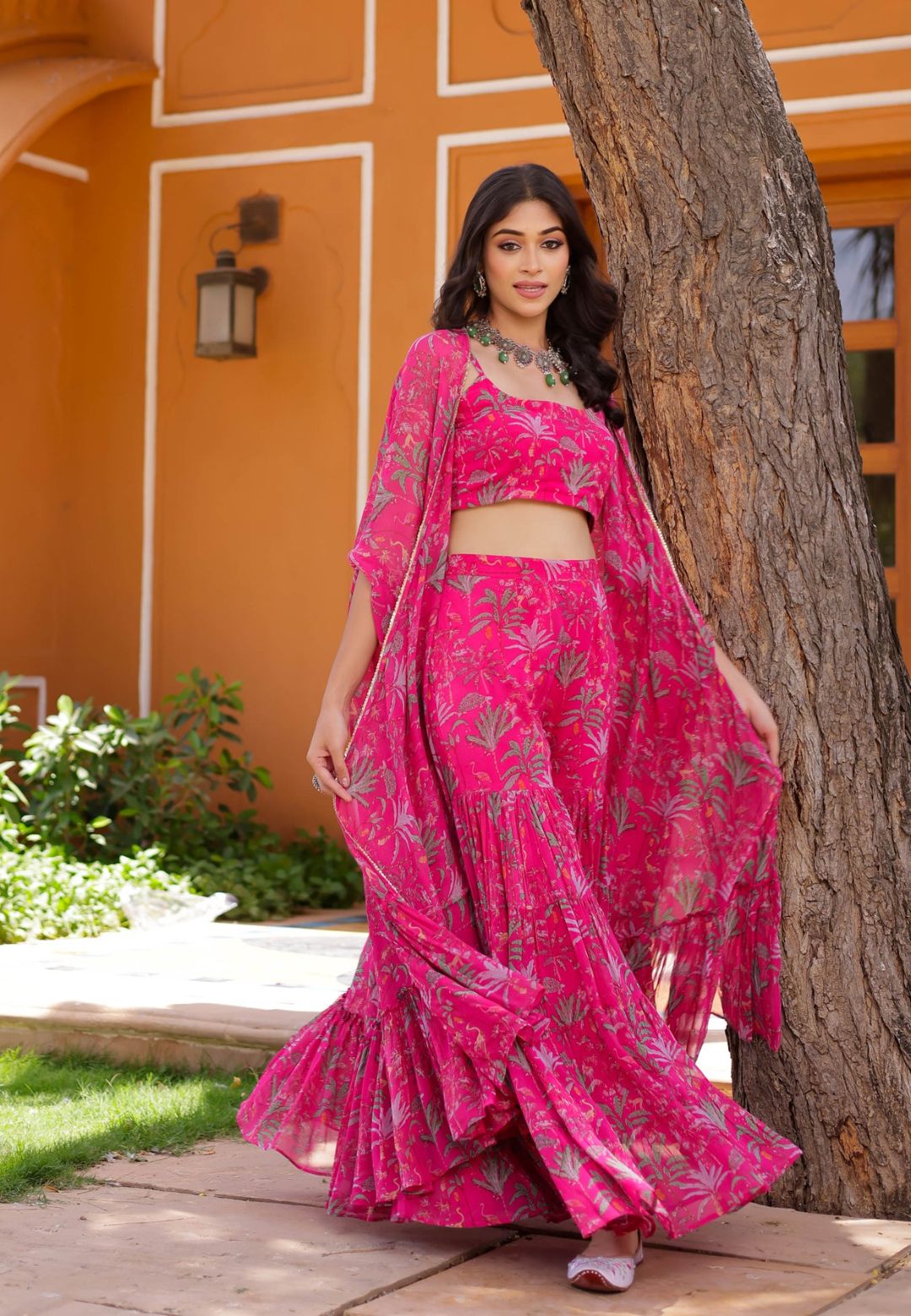 PINK PREET GEORGETTE CAPE SHARARA SET