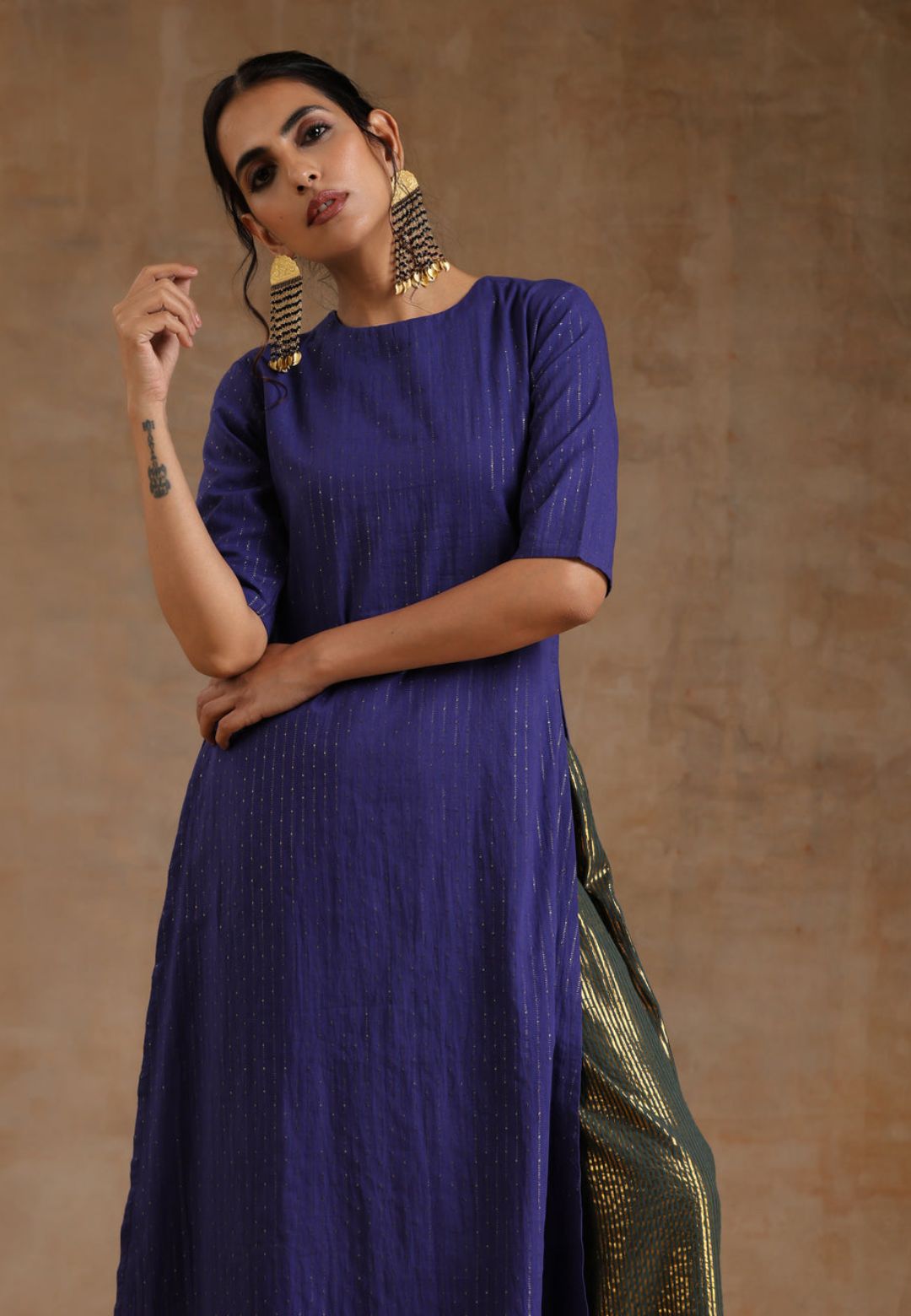 BLUE GOLD COTTON HIGH SLIT KURTA SET