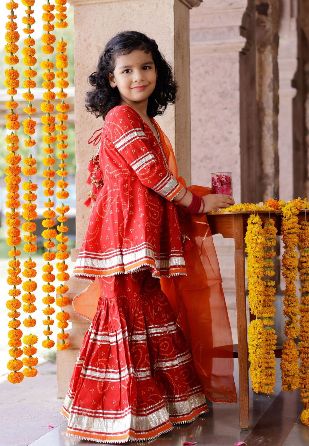 RED ORANGE COTTON BANDHEJ SHARARA SET
