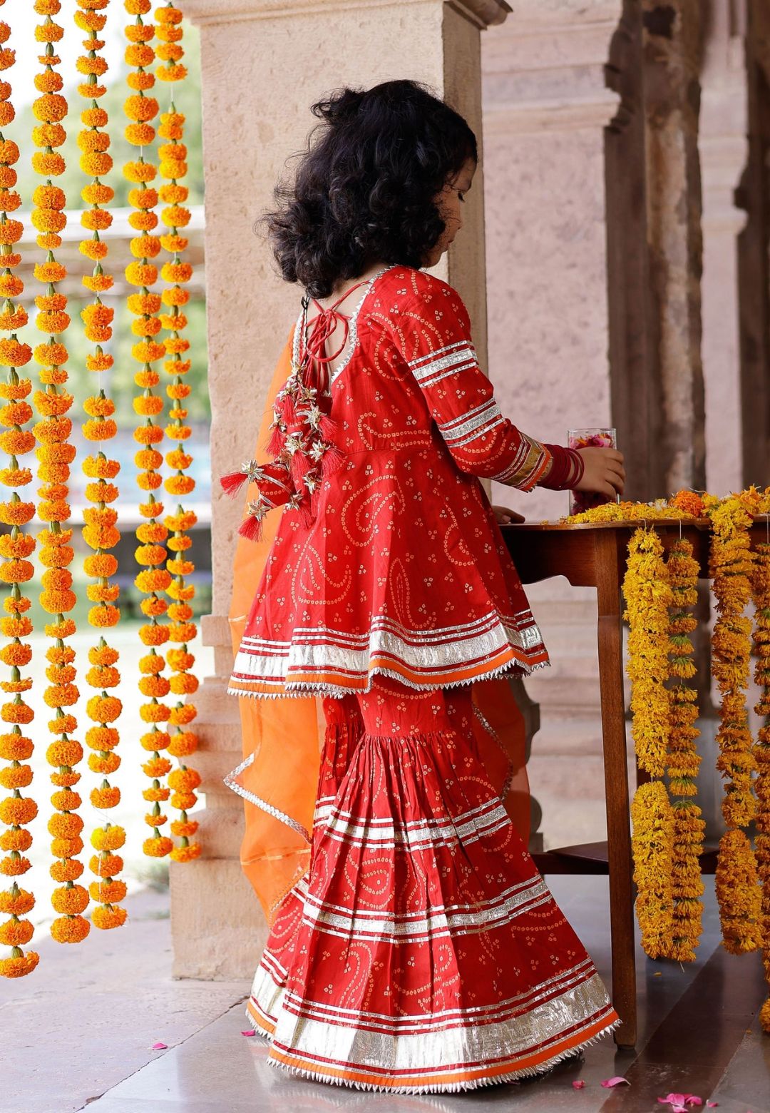 RED ORANGE COTTON BANDHEJ SHARARA SET