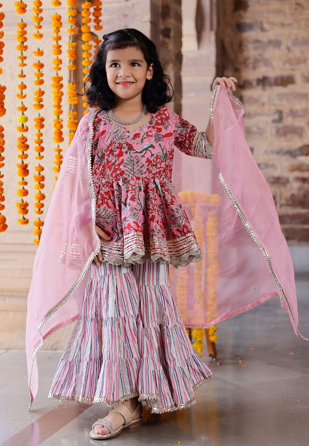 PINK HANDBLOCK GOTA SHARARA SET