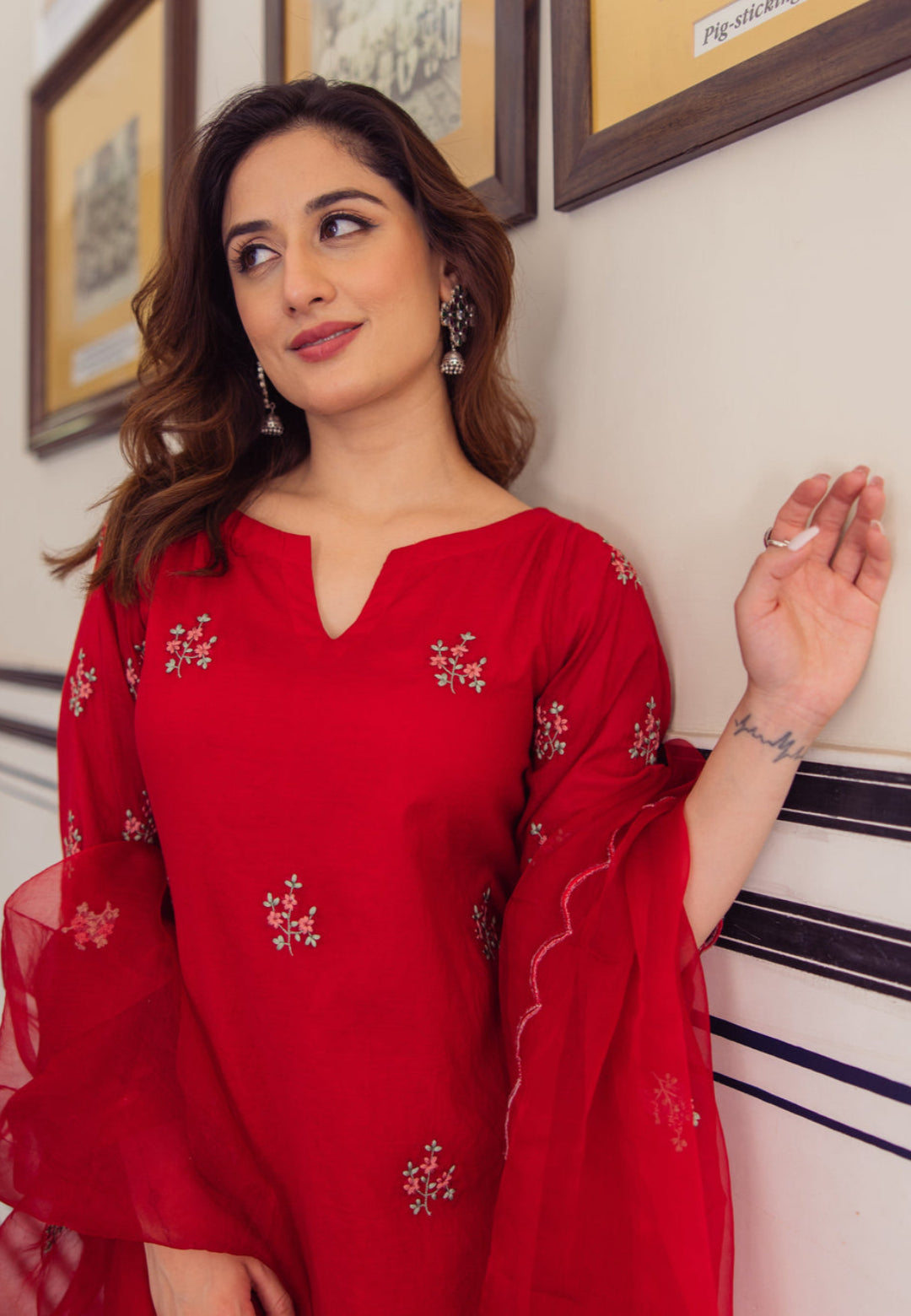 RADHIKA RED EMBROIDERED CHANDERI SUIT SET