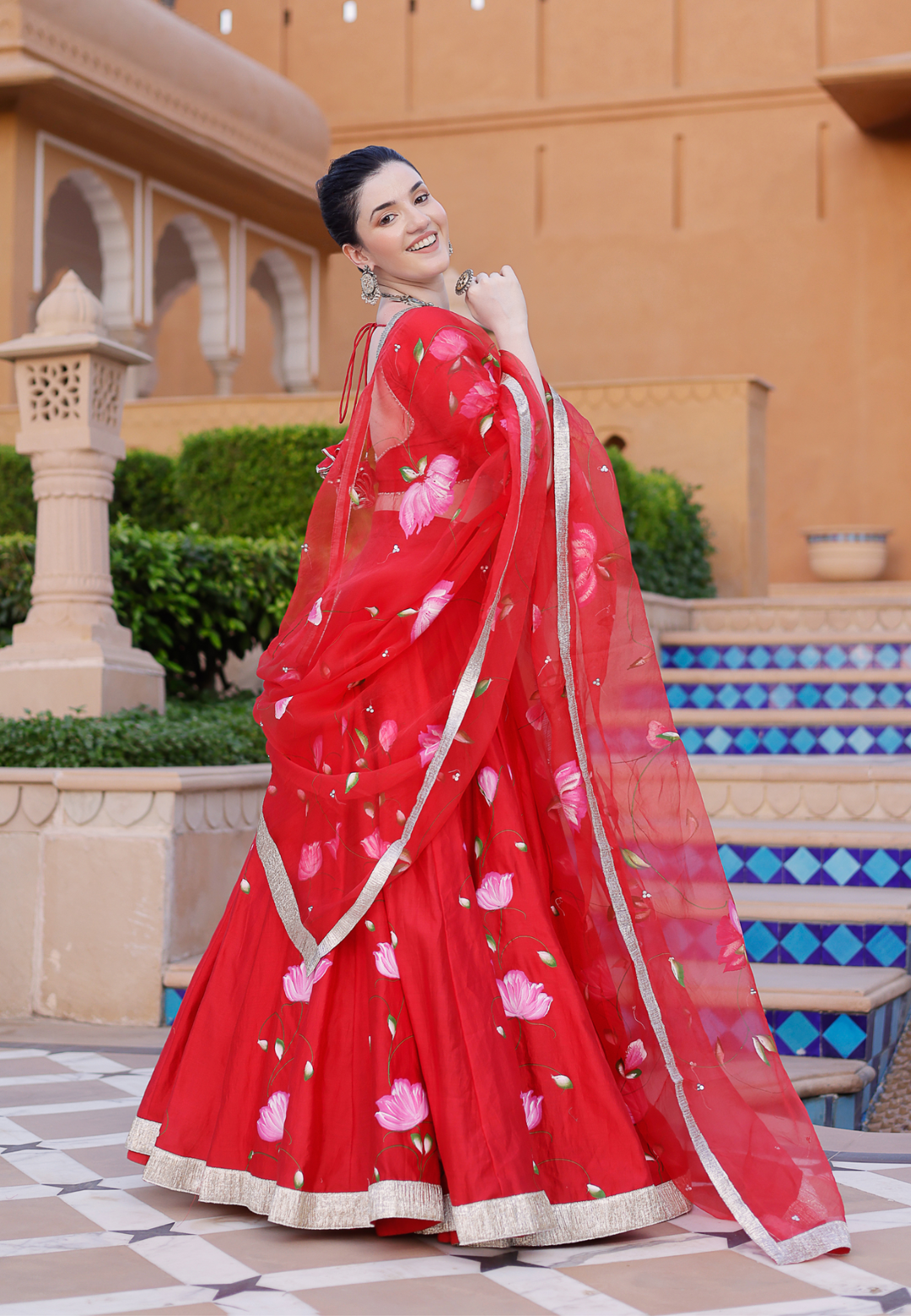RED MAALINI HANDPAINTED CHANDERI LEHENGA SET