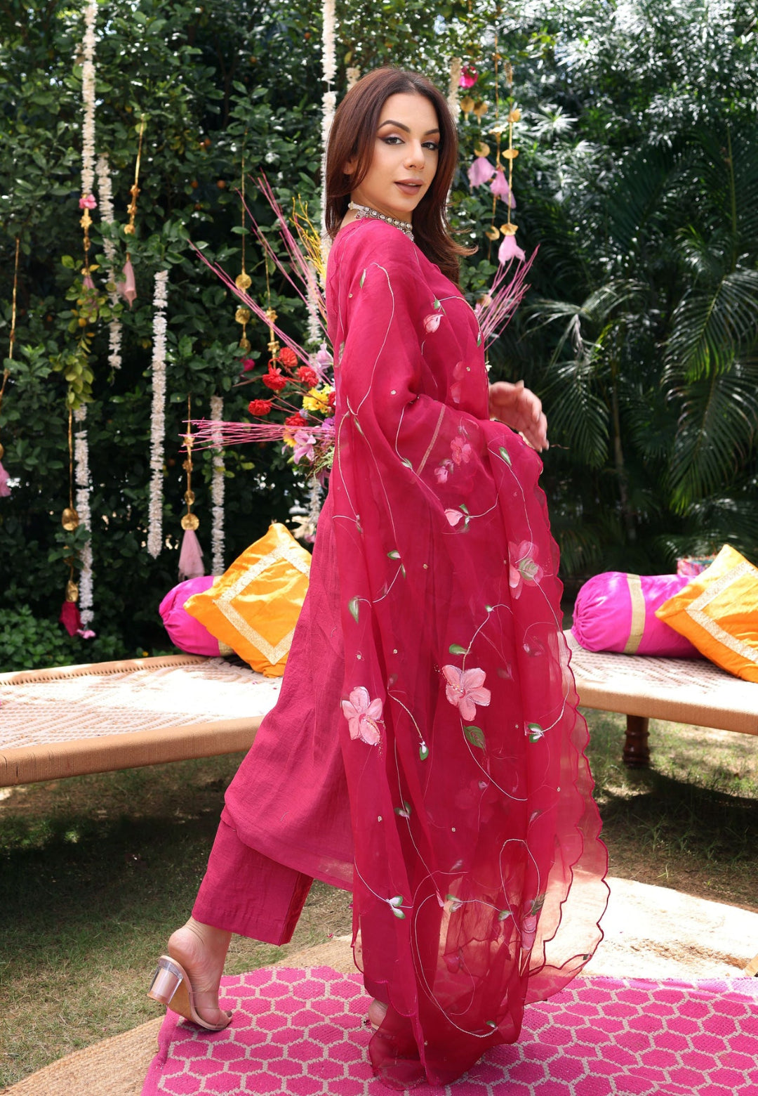 BERRY BLISS MAGENTA HANDPAINTED CHANDERI SUIT SET