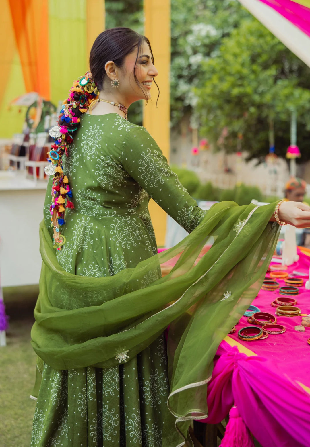 GREEN KATHA BANDHANI CHANDERI SUIT SET